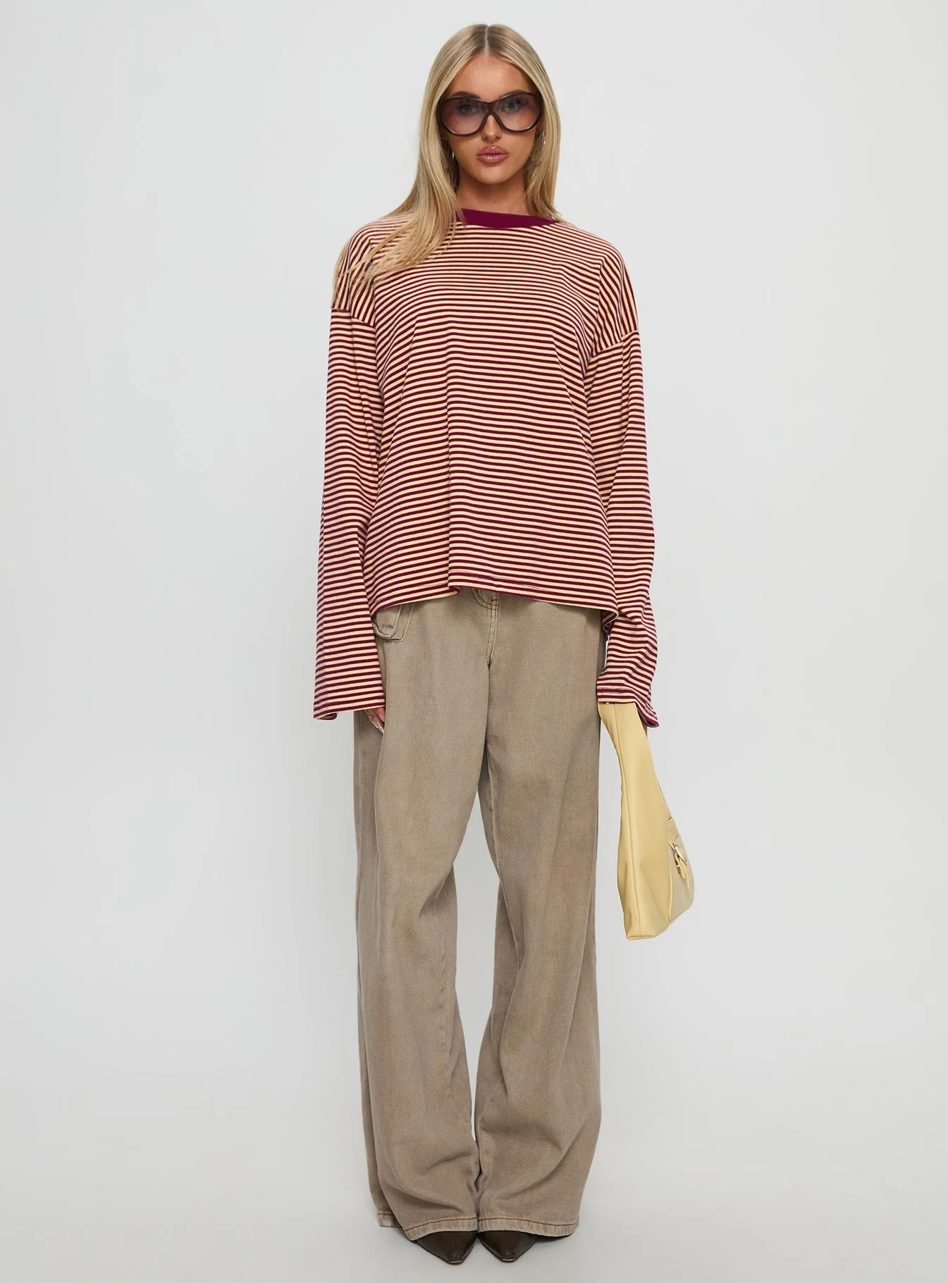Settle Down Long Sleeve Top Lemon / Burgundy Stripe
