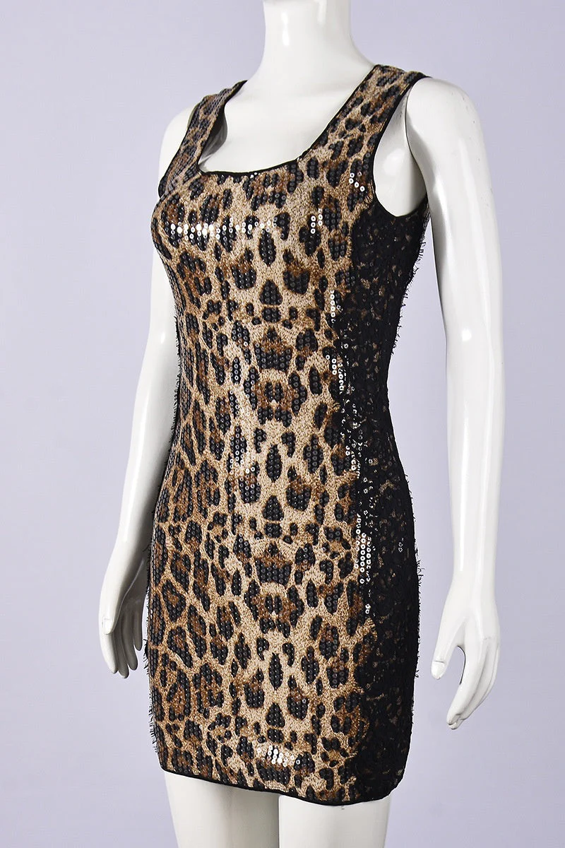 Leopard Sequin Scoop Tight Short Dress