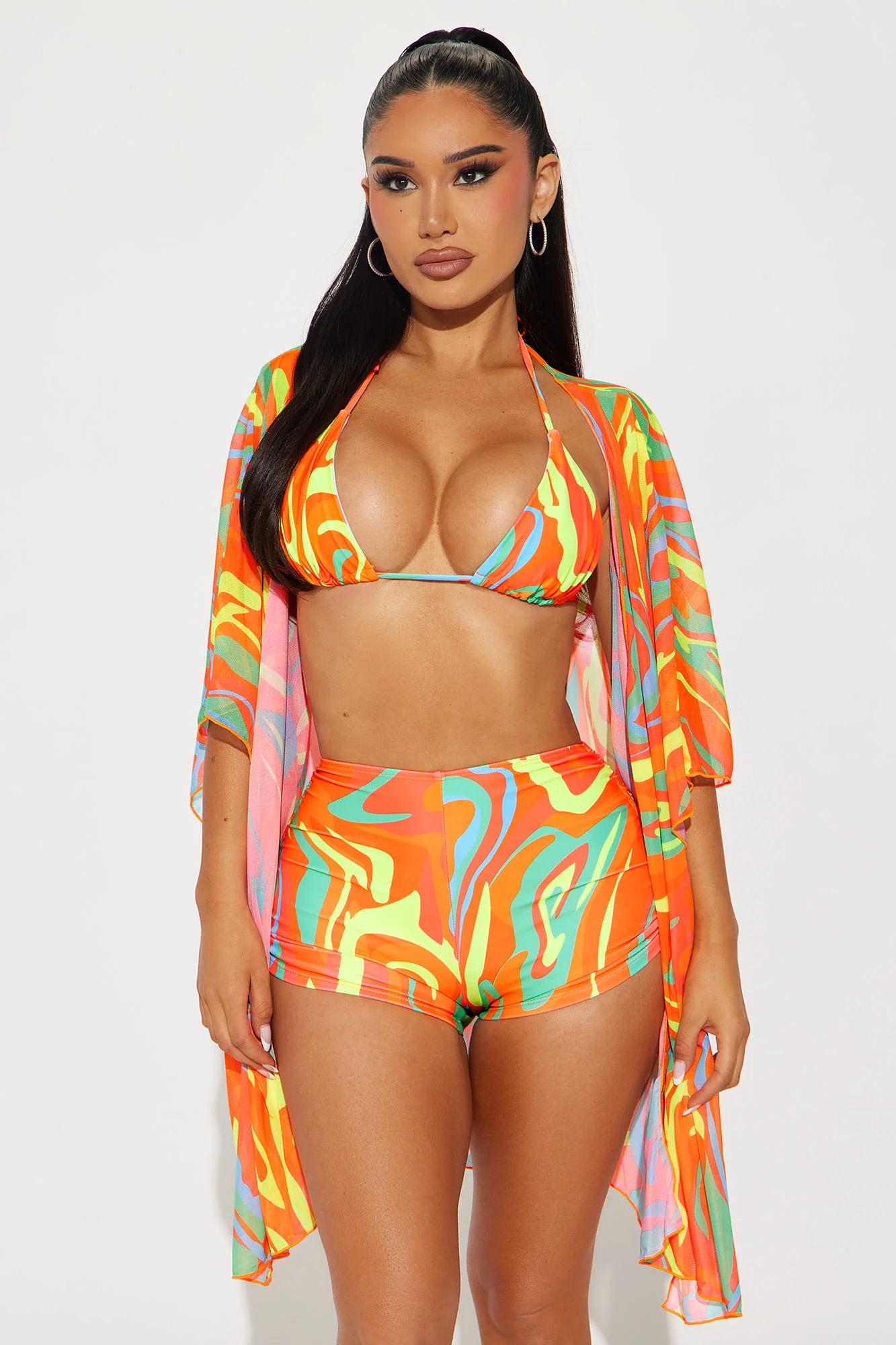 Kairi Ruched Boyshort & Kimono 3 Piece Bikini Set - Orange/combo