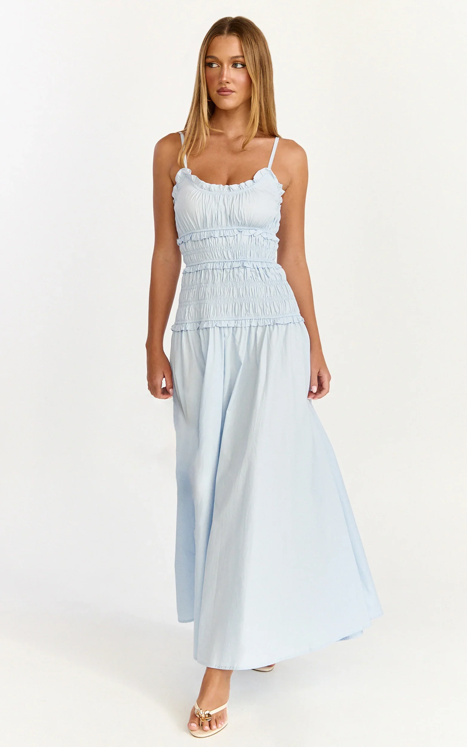 Cami Midi Dress - Rushed Bodice Dress in Blue