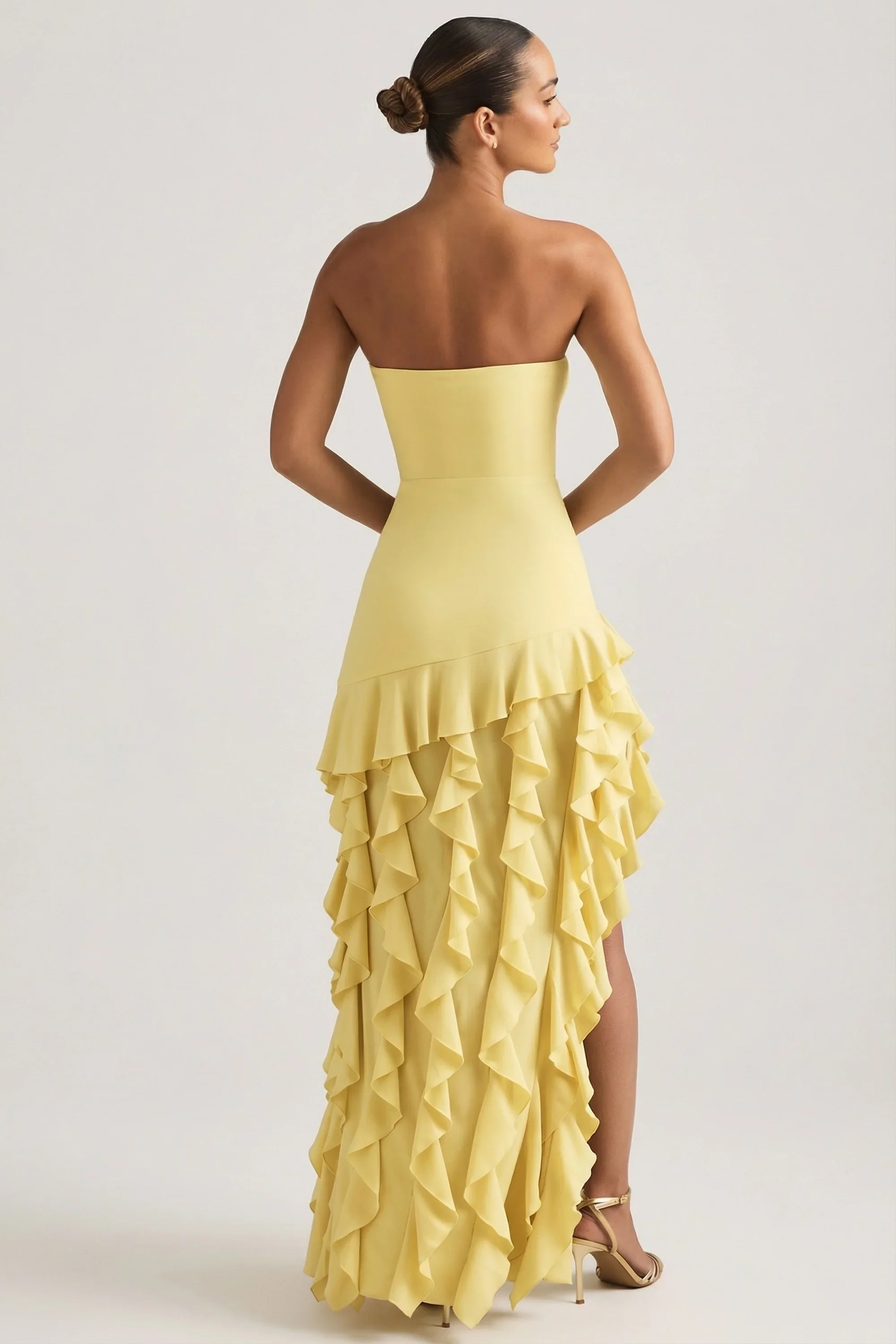 Ruffle-Trim Strapless Gown in Pastel Yellow