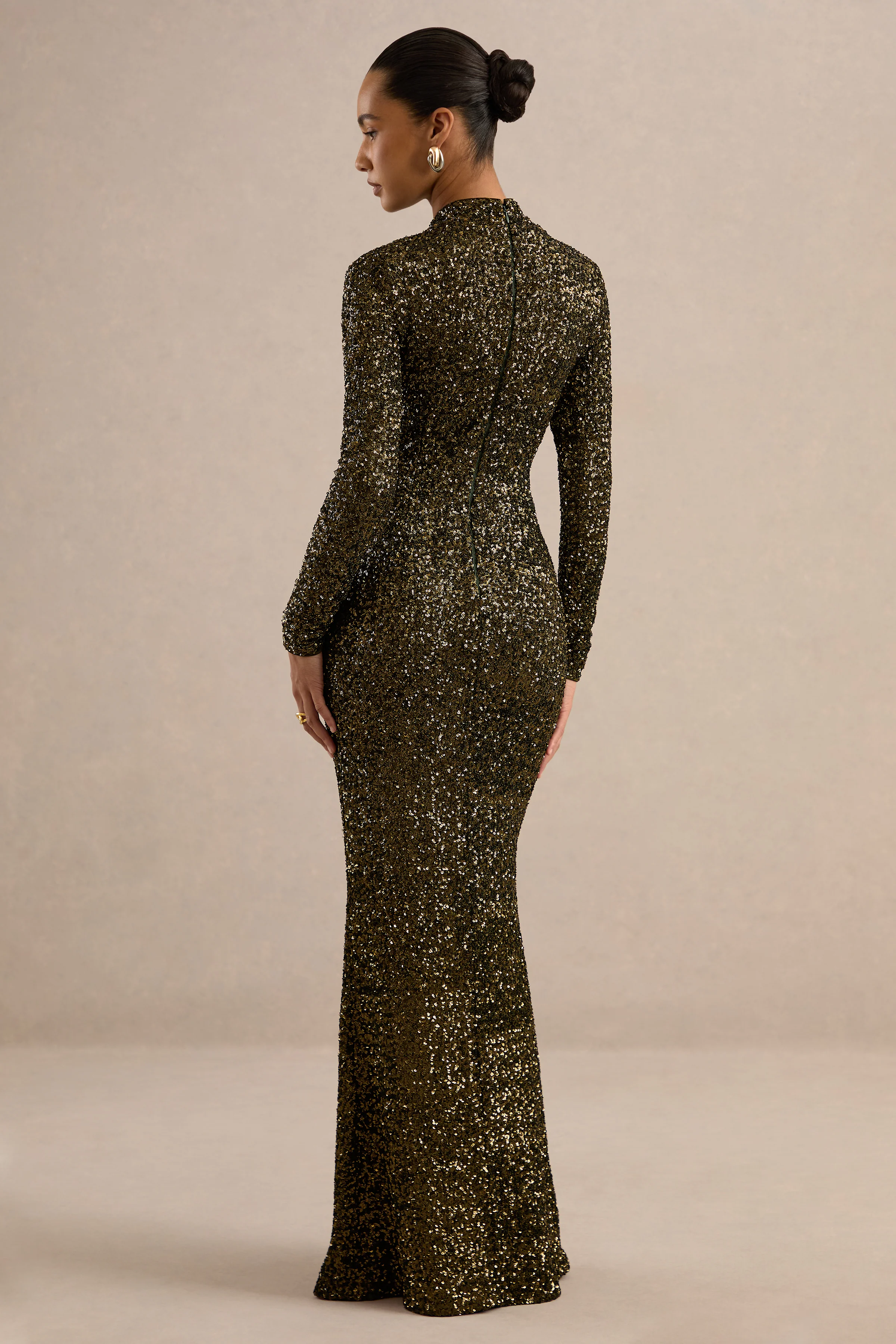Galaxy | Khaki Sequin High Neck Long Sleeve Maxi Dress