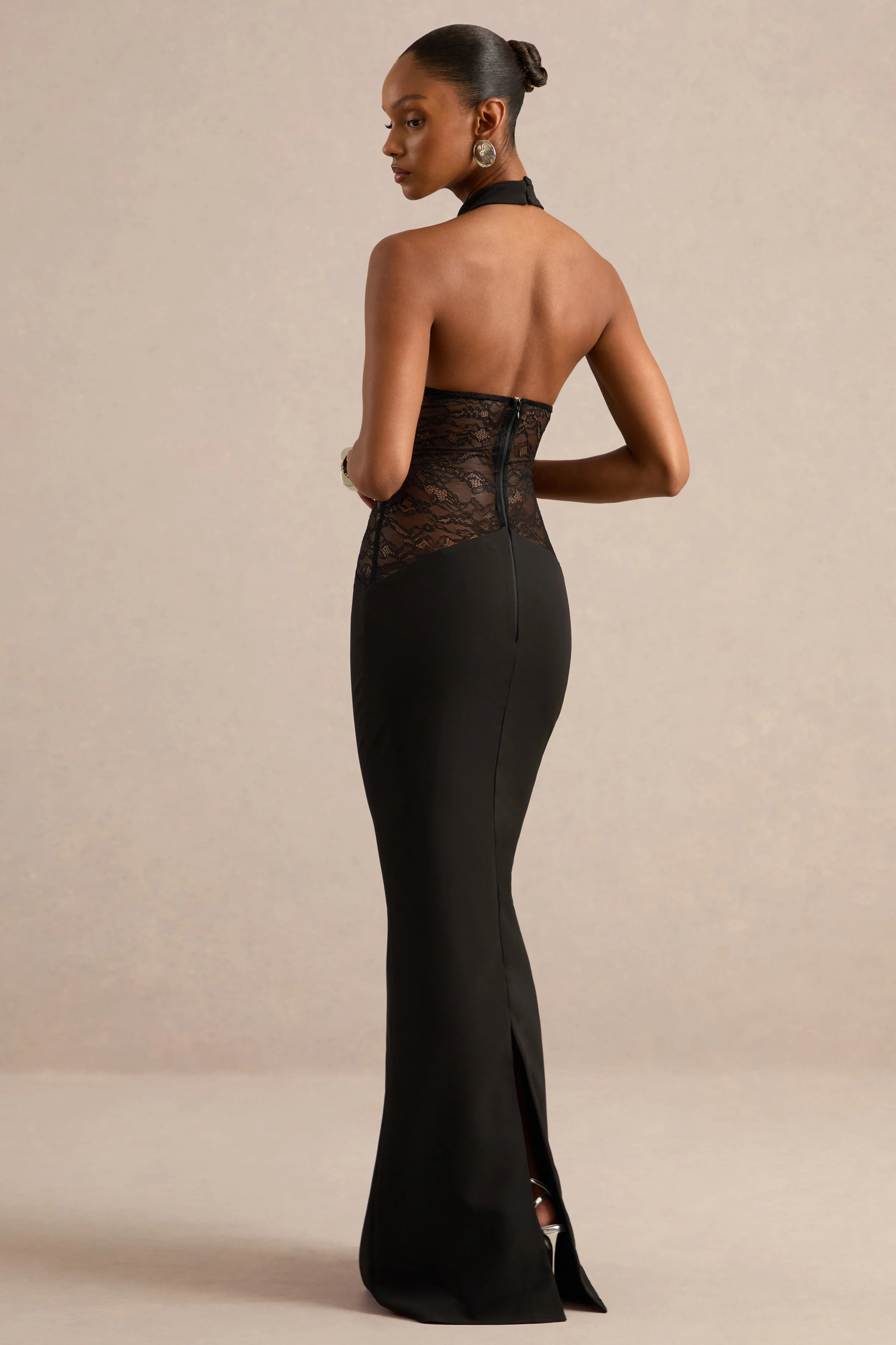 Laira | Black High Neck Maxi Dress With Sheer Lace Detail