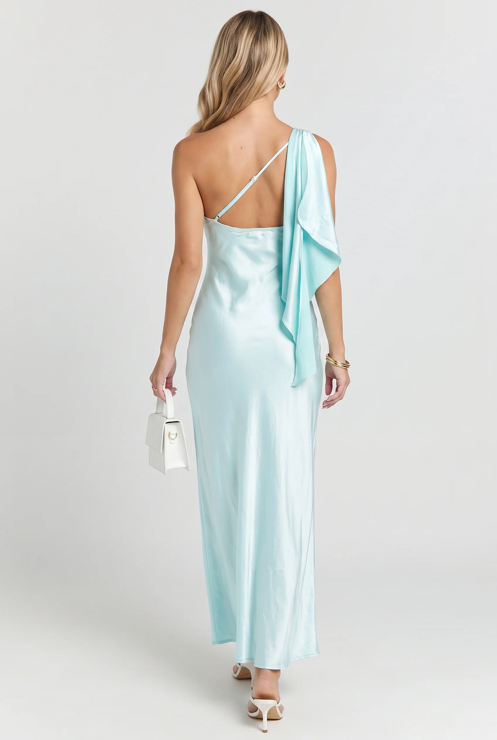 Greek Island Sunsets Satin One Shoulder Maxi Dress