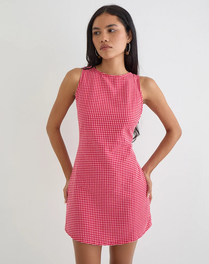Ayana Backless Mini Dress in Linen Red Gingham