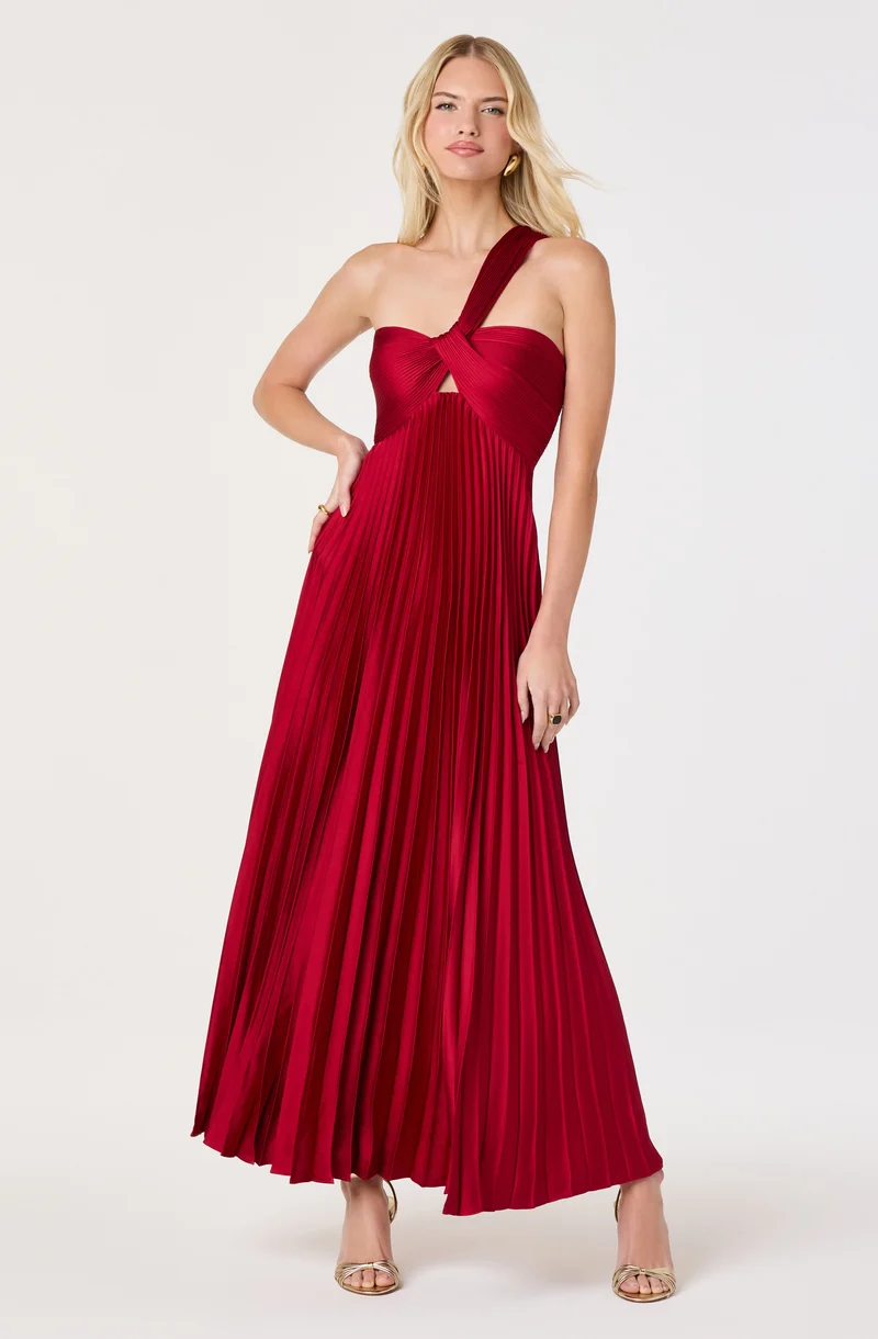 Rasya One-Shoulder Pleated Maxi Dress - Wine