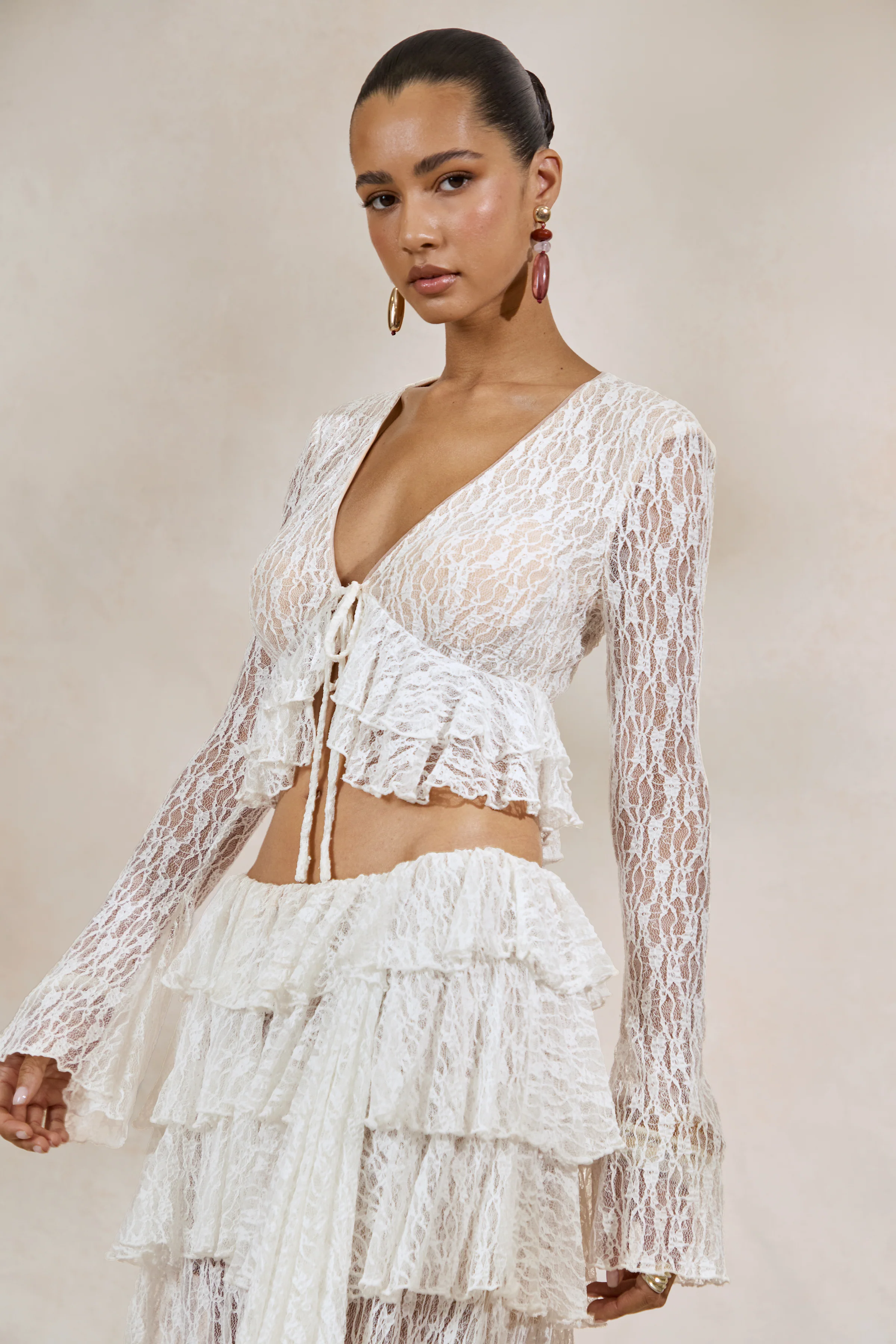 Astella | White Lace Plunge-Neck Top With Ruffled Trim