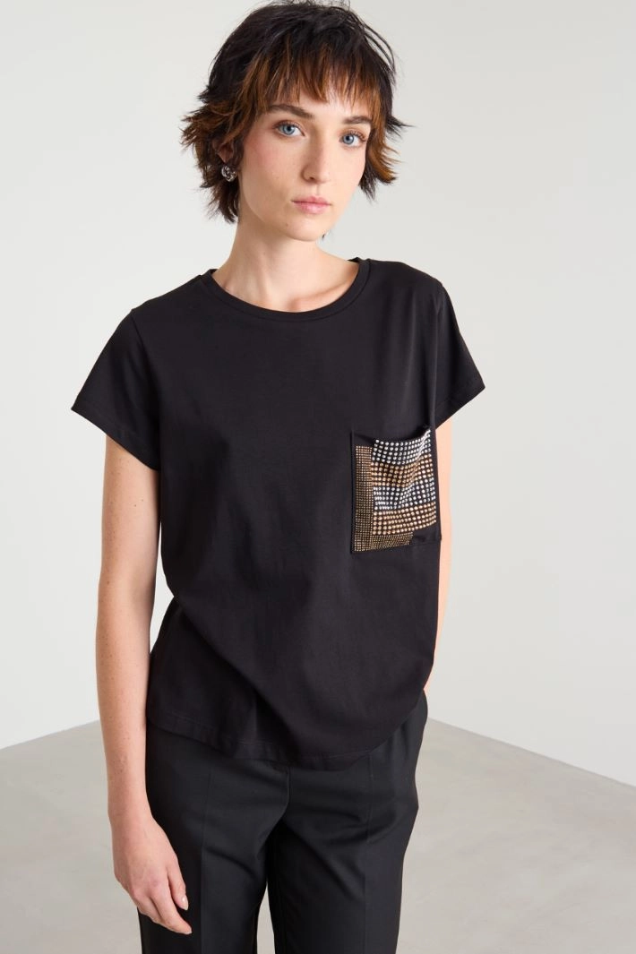 T-shirt with rhinestone embroidery - BLACK