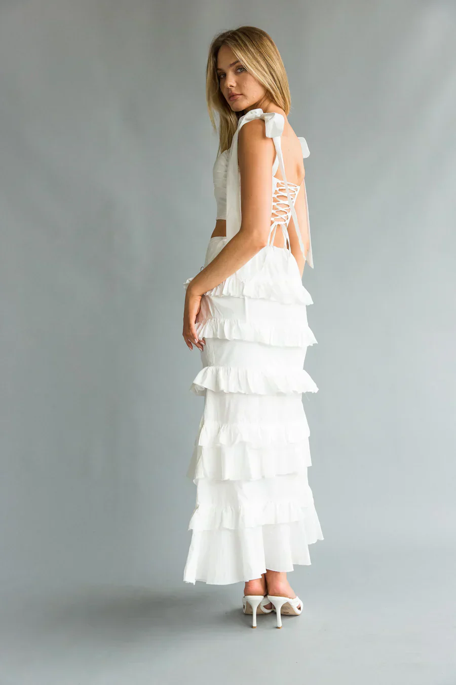 Dawn Bow Strap Bustier Top + Tiered Ruffle Skirt Set