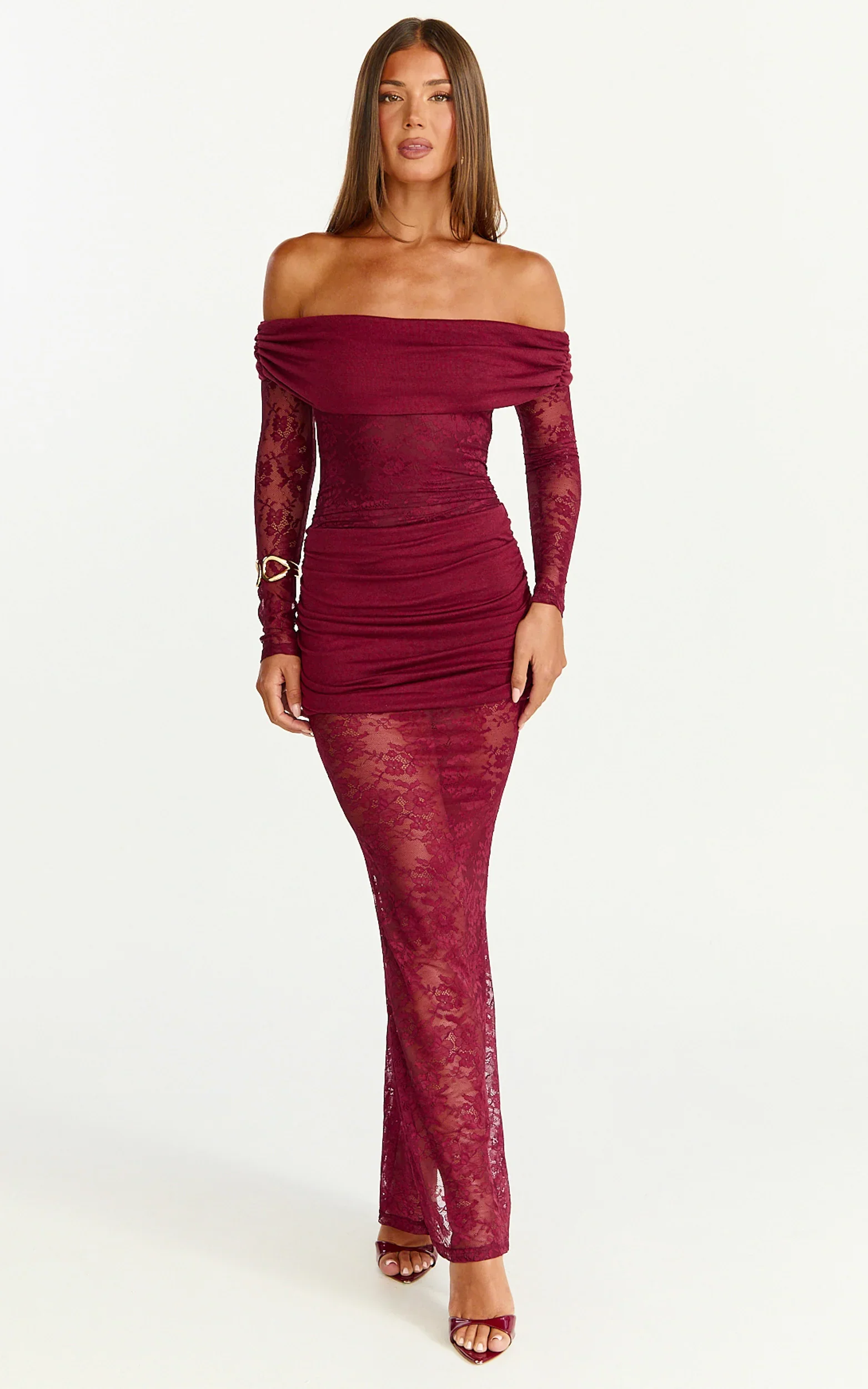Juliet Maxi Dress - Off Shoulder Long Sleeve Ruched Overlay Lace Dress in Wine
