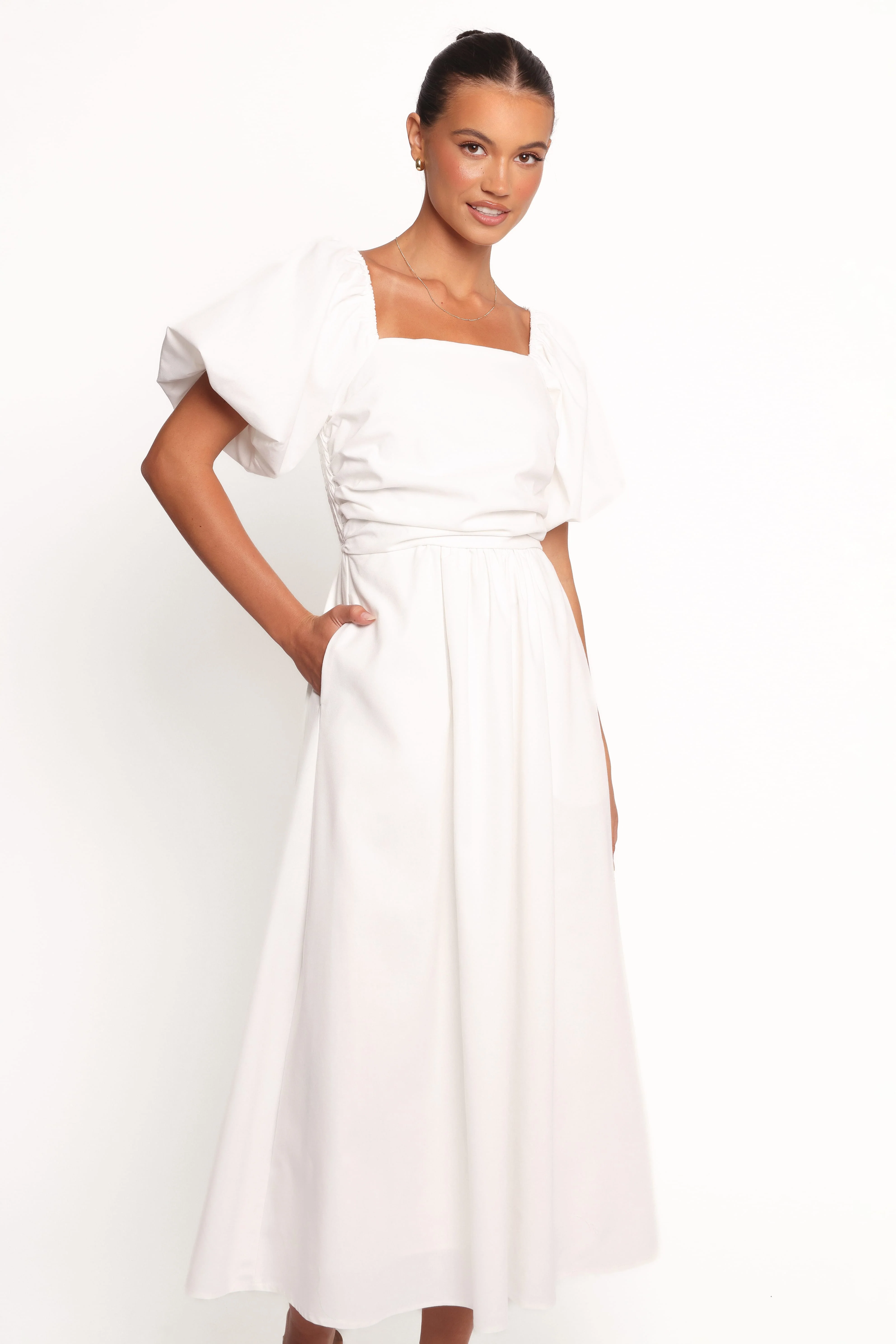 Clo Puff Sleeve Midi Dress - White