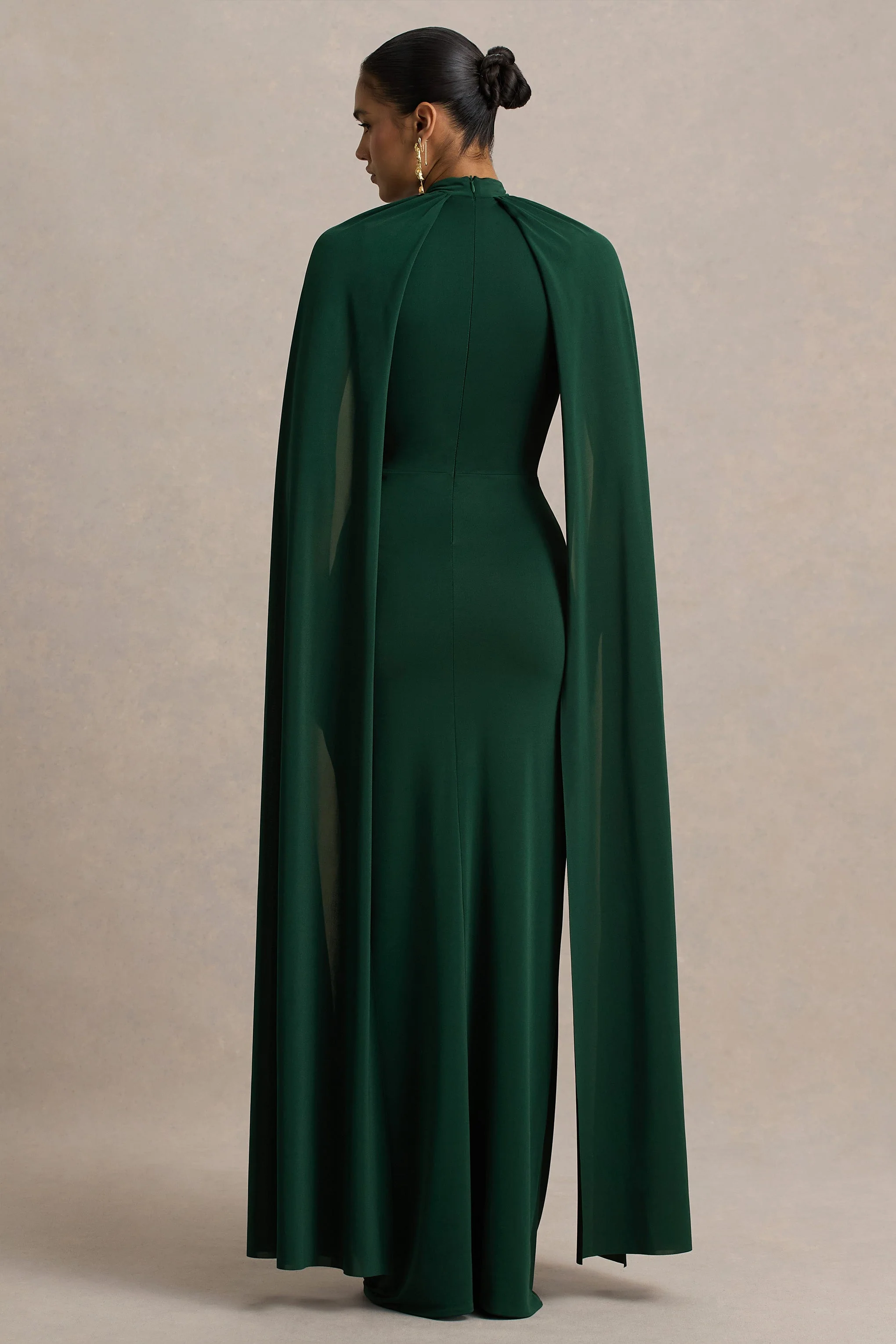 Darielle | Bottle Green High-Neck Cape-Sleeve Maxi Dress