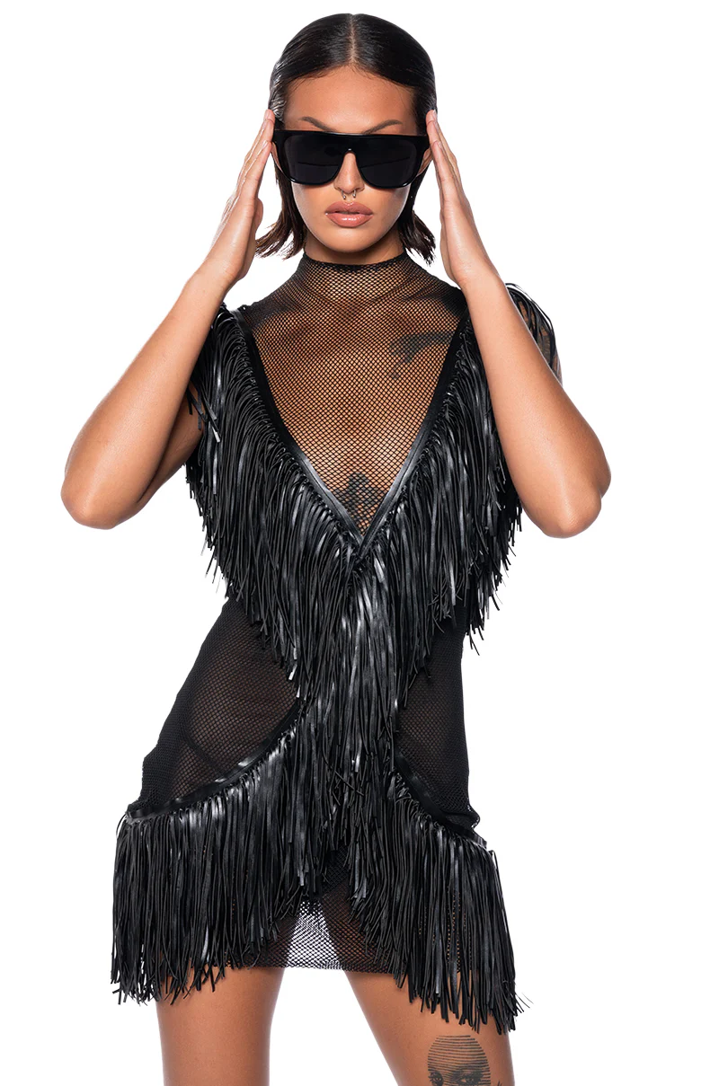Shake Your Tail Feathers Fringe Mesh Mini Dress