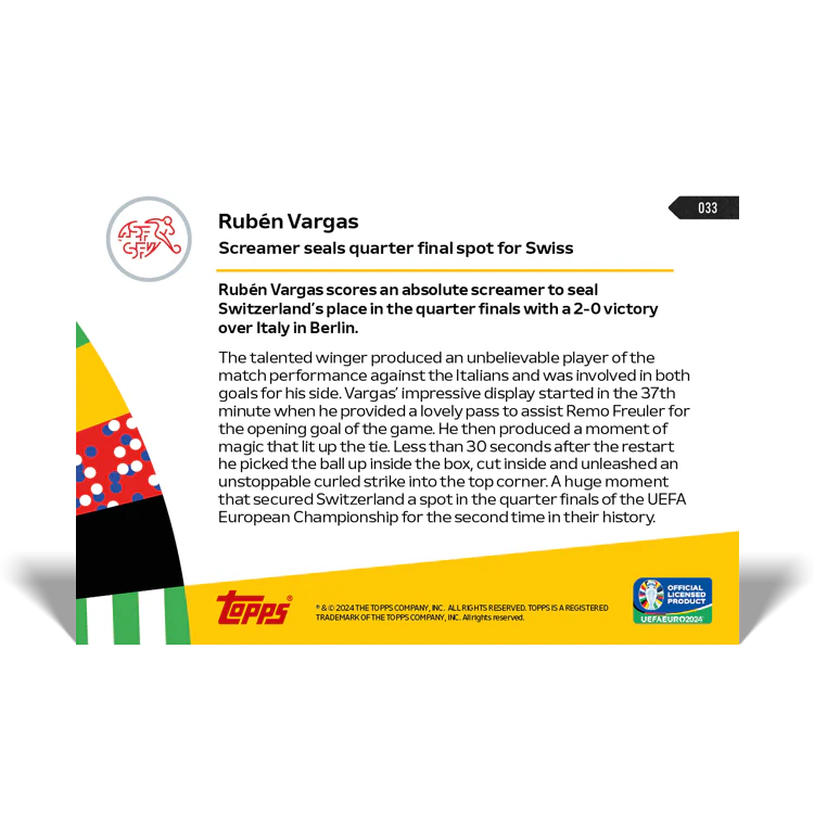 Rubén Vargas - Screamer seals quarter final spot for Swiss - EURO 2024 TOPPS NOW® Card 33