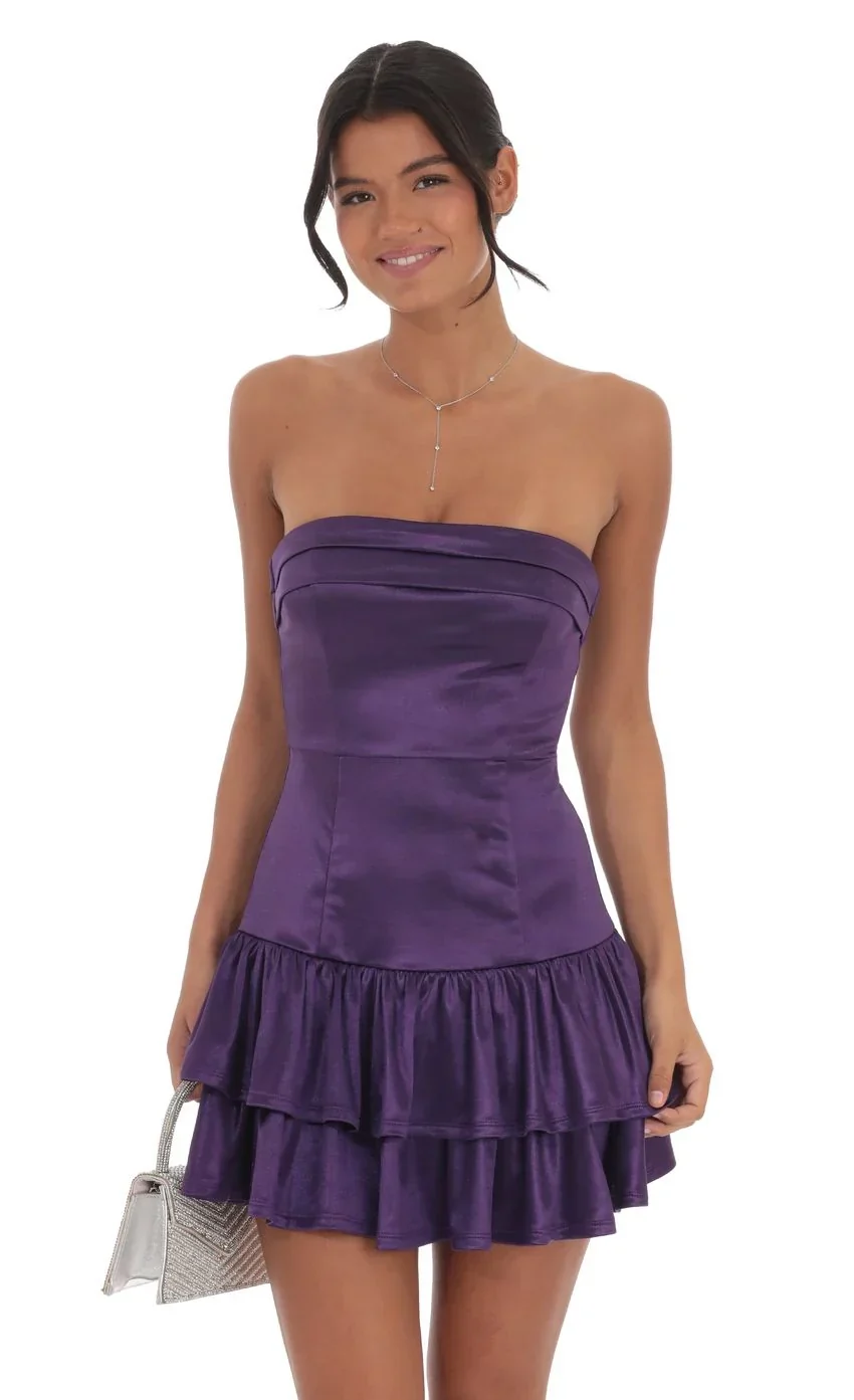 Satin Strapless Ruffle Dress in Purple
