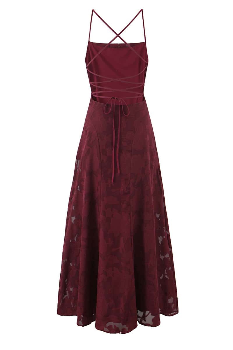 Spaghetti Straps Burgundy Floral Long Dress