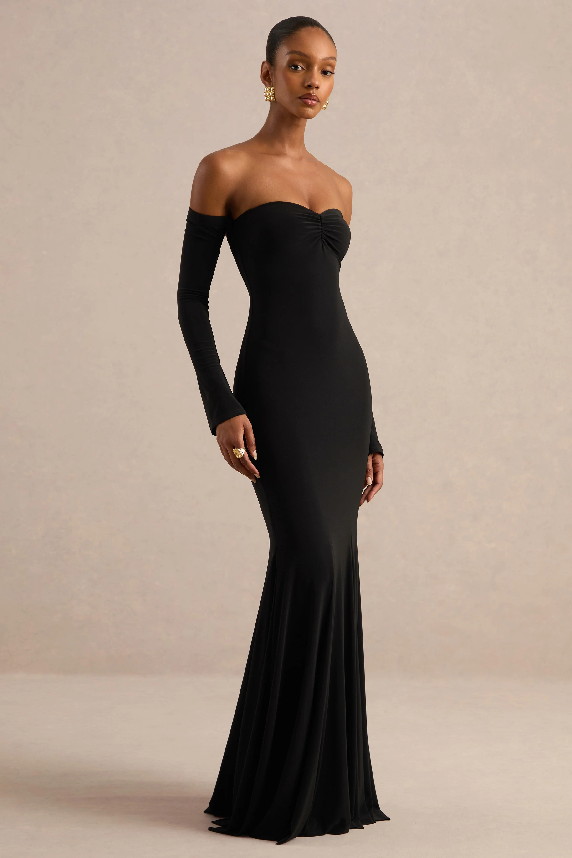 Gaelline | Black Jersey Bardot Long Sleeve Maxi Dress