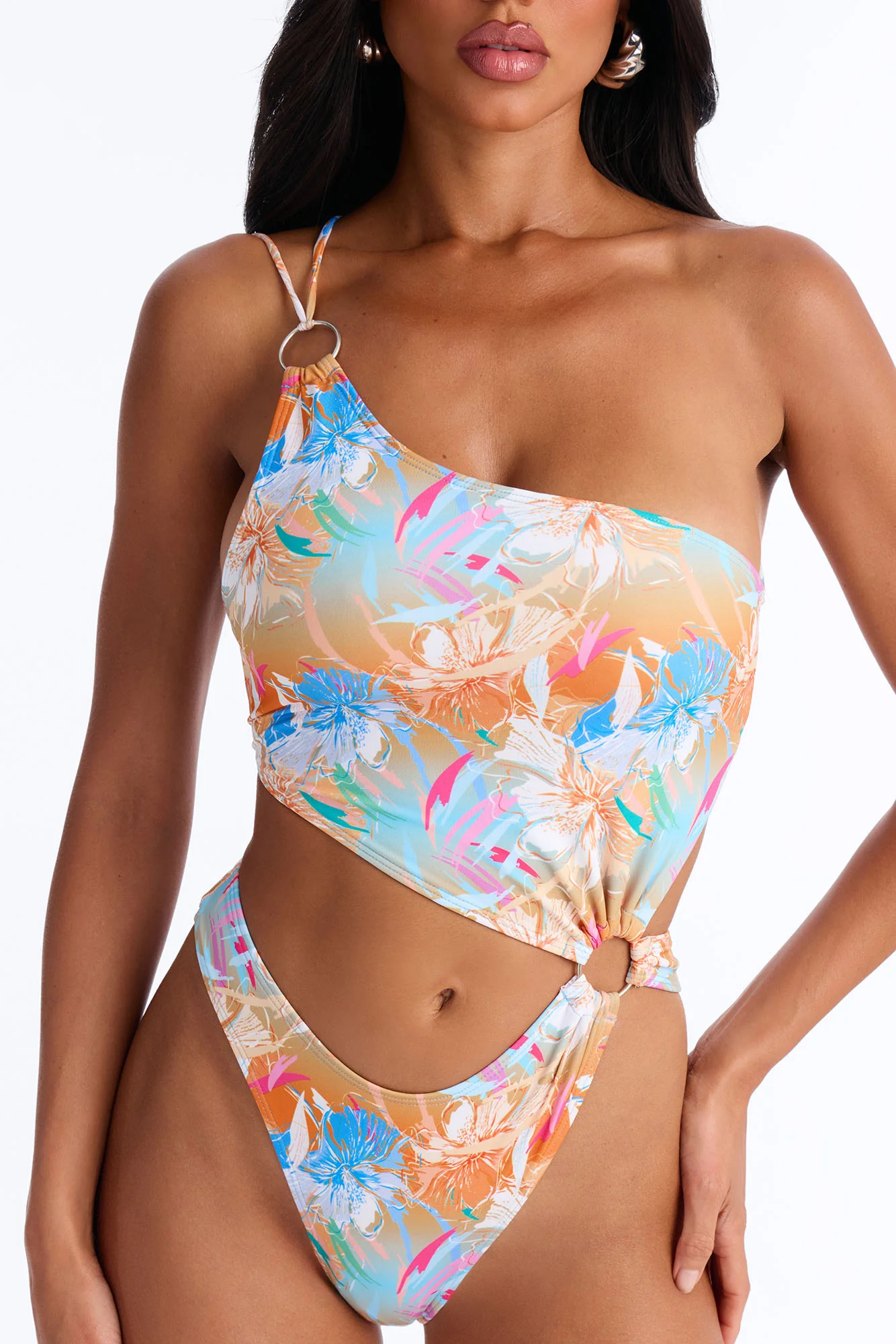 Ocean Soul Asymmetrical Strappy Back Ties O-Rings 1 Piece Swimsuit - Multi Color
