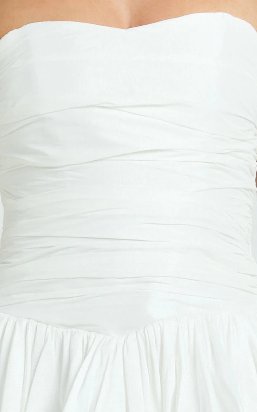Deb Mini Dress - Ruched Strapless Bubble Hem Dress in Off White