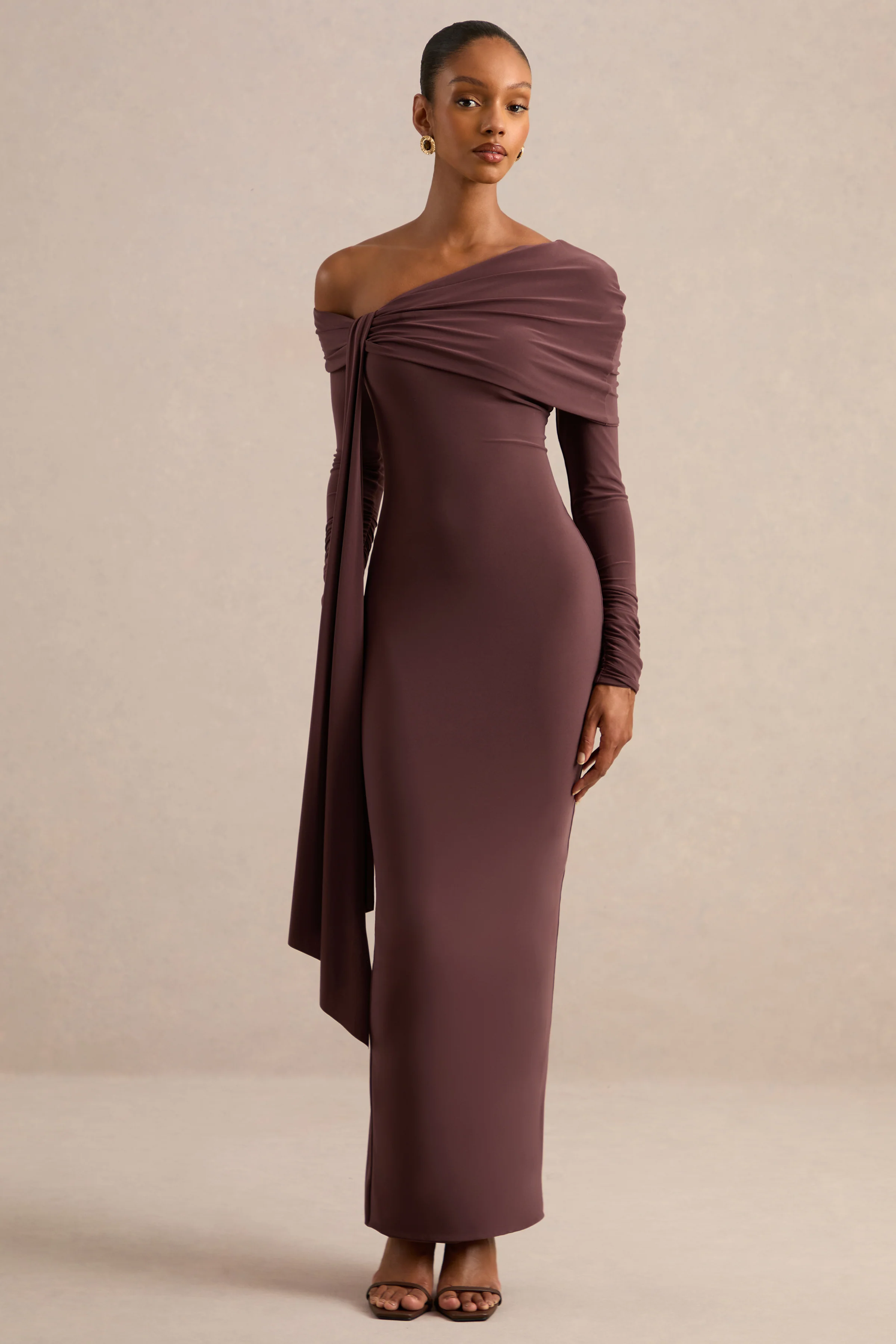 Faeryn | Dark Brown Jersey One Shoulder Long Sleeve Maxi Dress With Sash