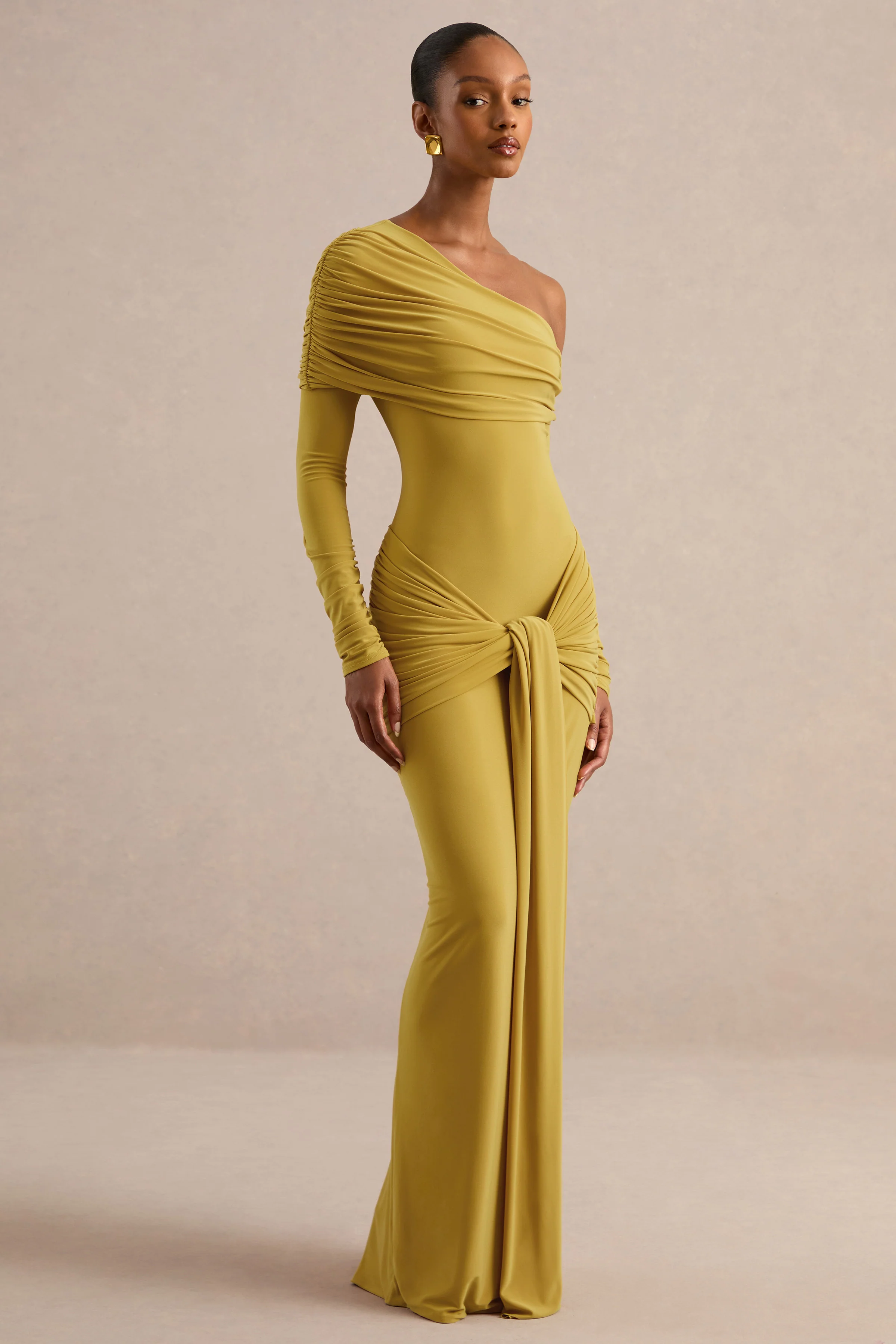 Avonlea | Mustard Jersey Ruched One Shoulder Long Sleeve Maxi Dress With Sash