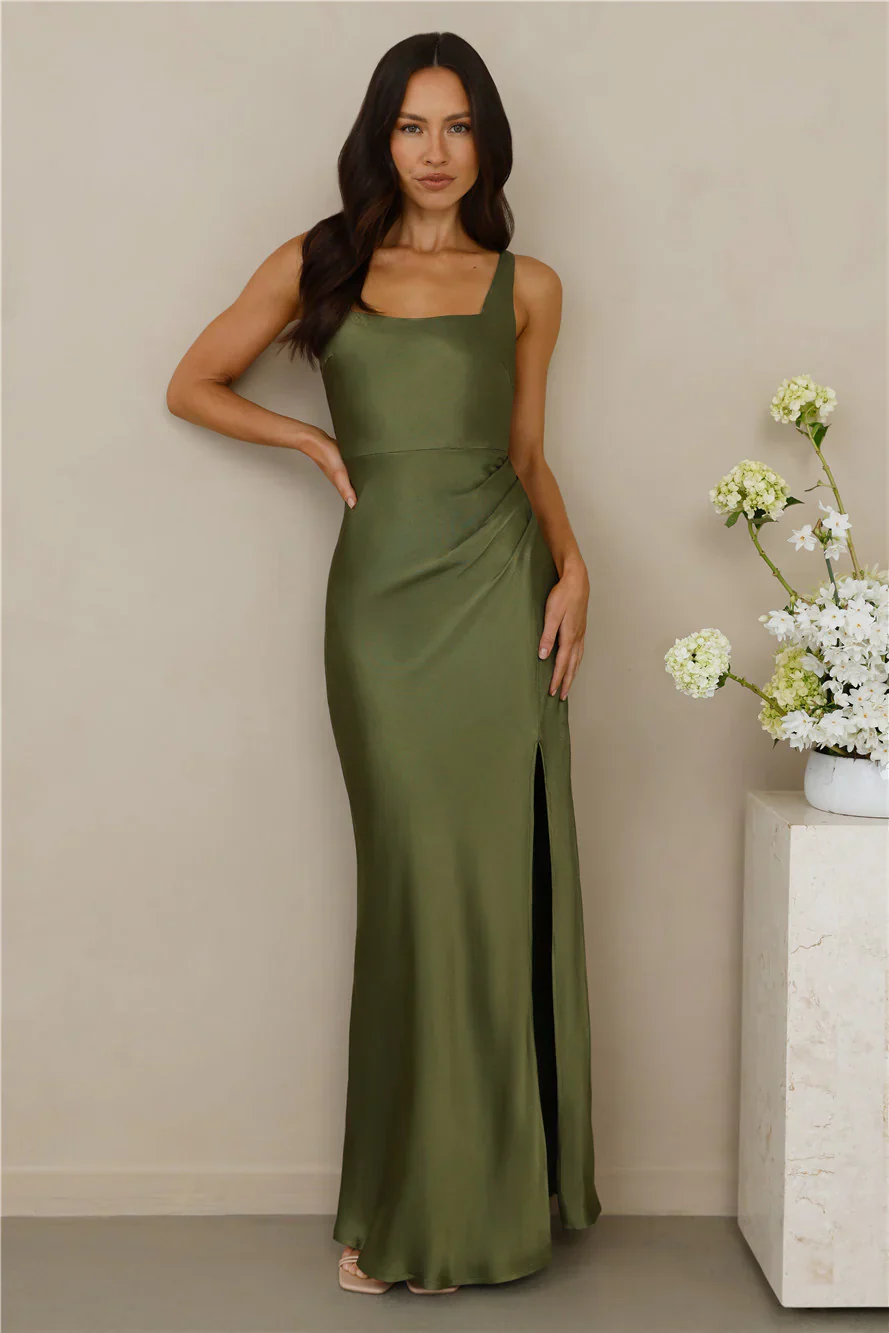 The Evelina Satin Maxi Dress Olive