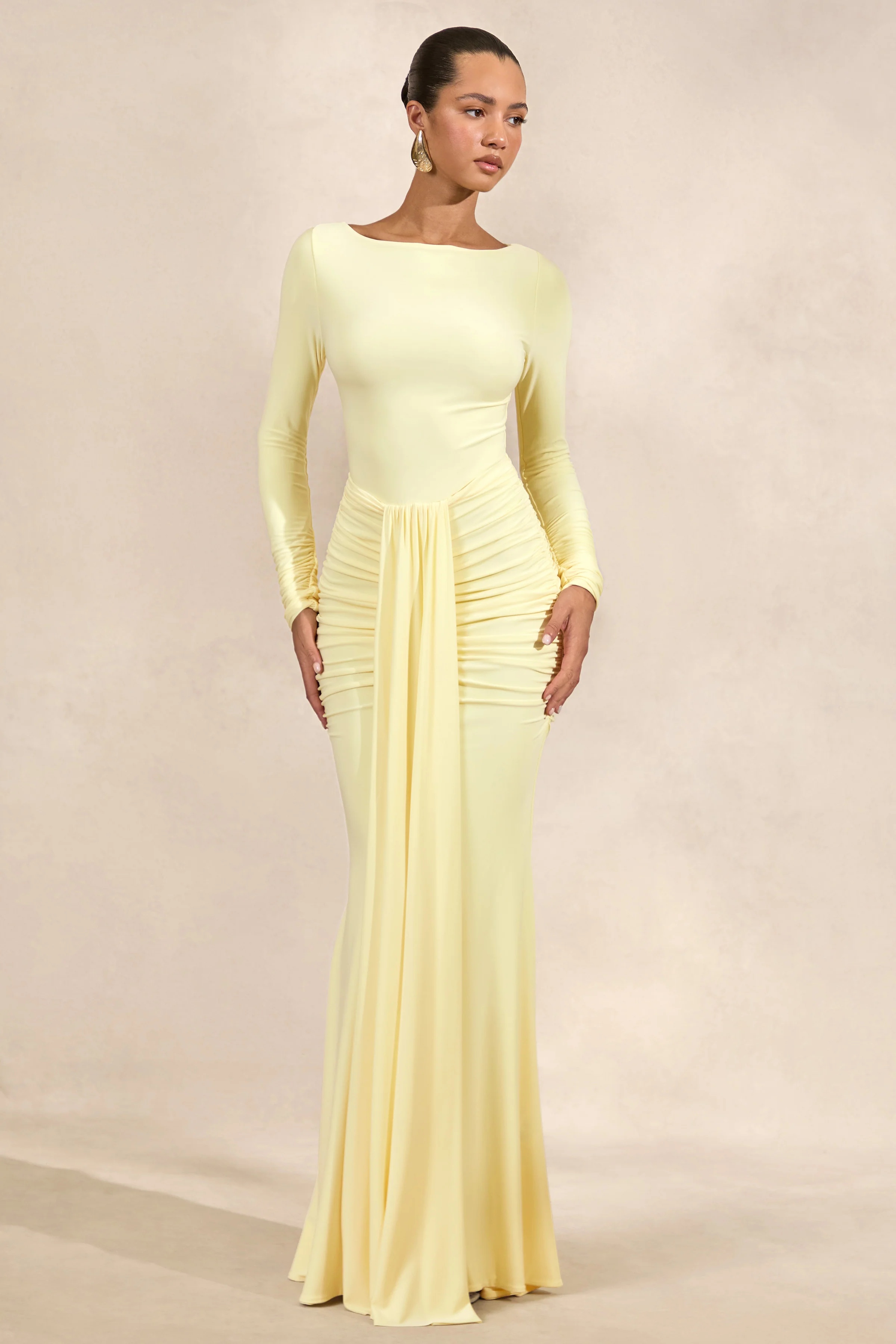 Liatris | Lemon Jersey Boat Neck Long Sleeve Maxi Dress With Gathered Detailing And Sash