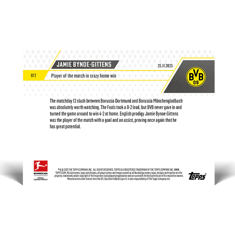 Topps UK - Jamie Bynoe-Gittens - Player of the match in crazy home win - Bundesliga TOPPS NOW® Card #72