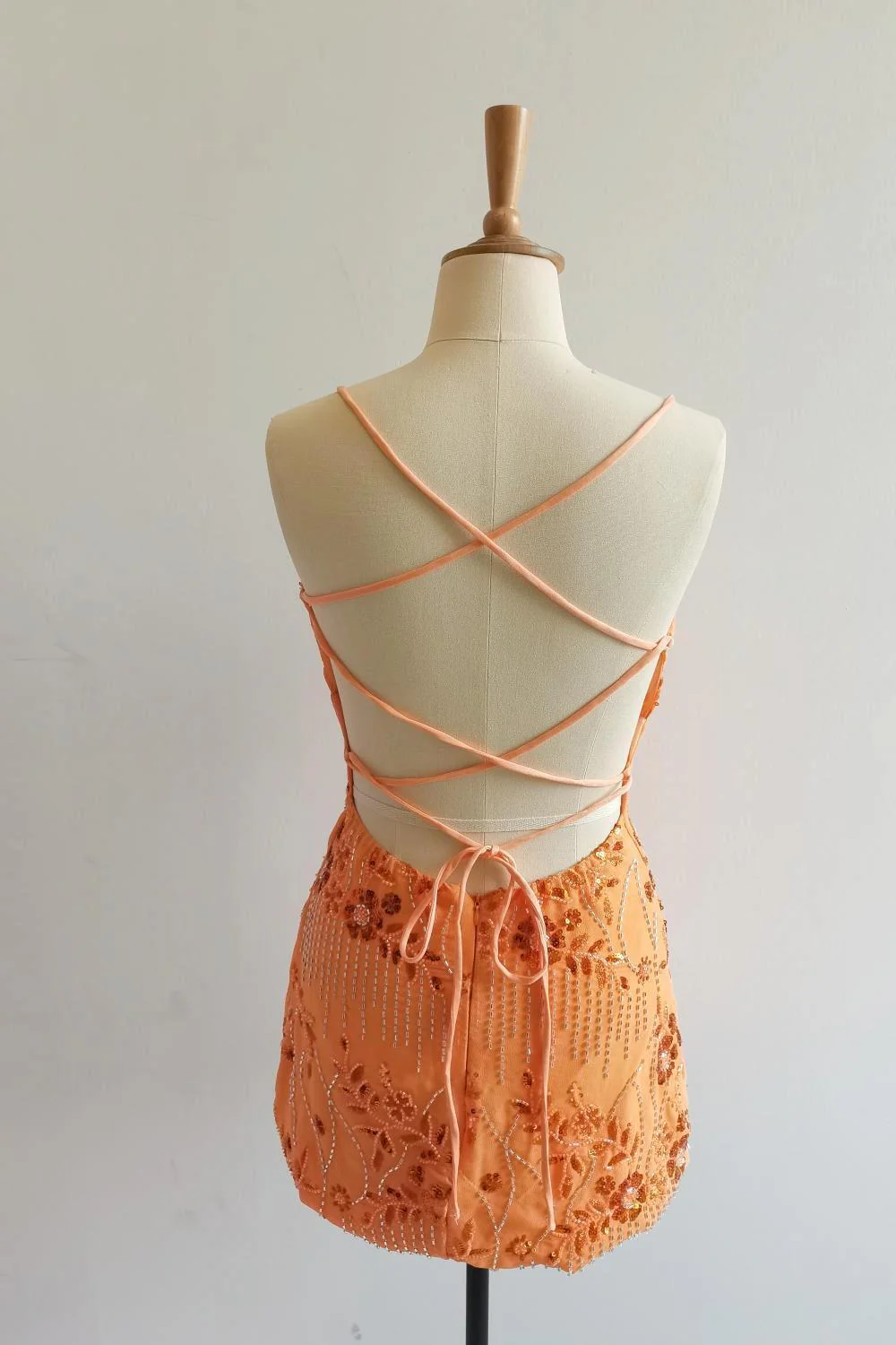 Spaghetti Straps Beaded Orange Mini Dress