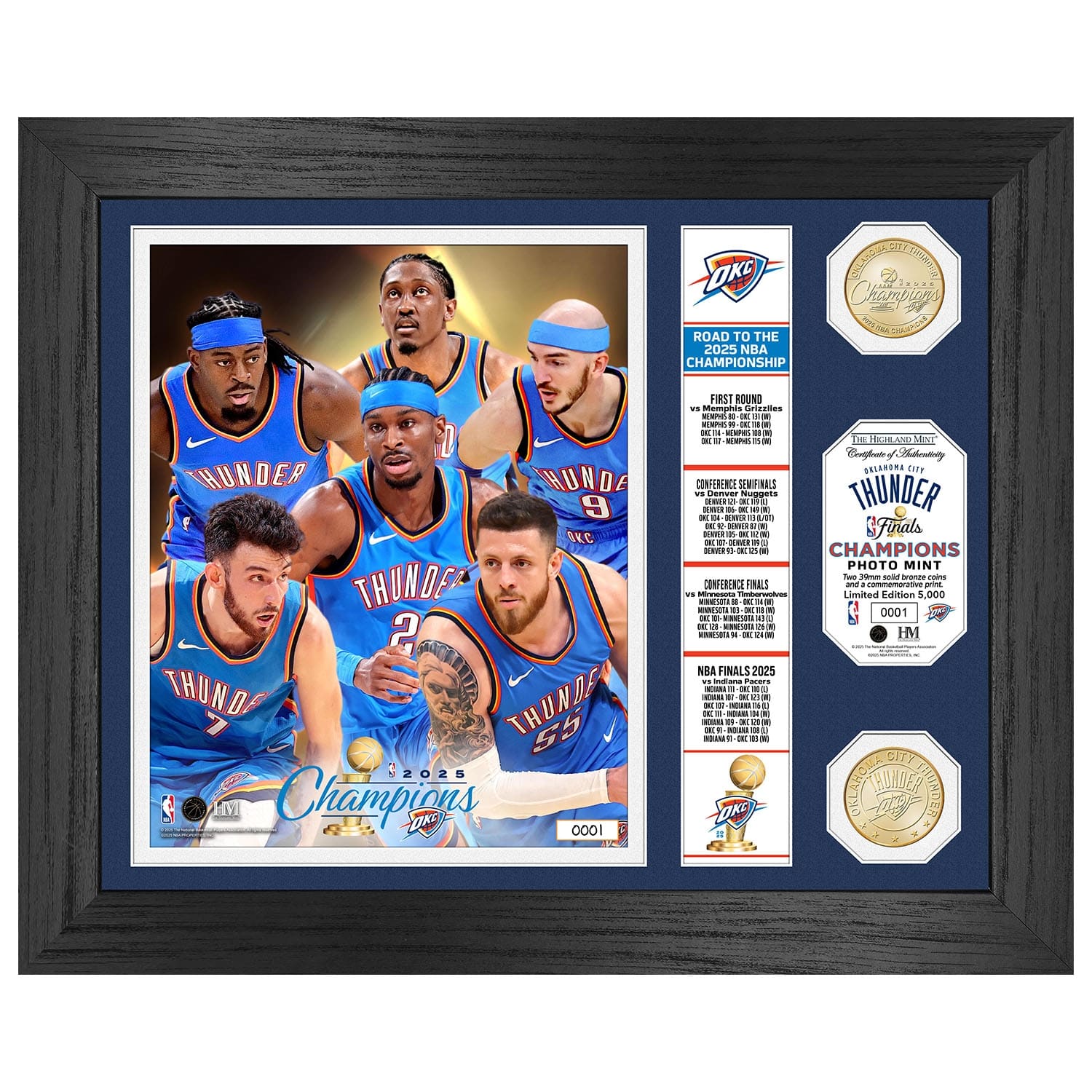 Oklahoma City Thunder 2025 NBA Champions Banner Bronze Coins Framed Photo