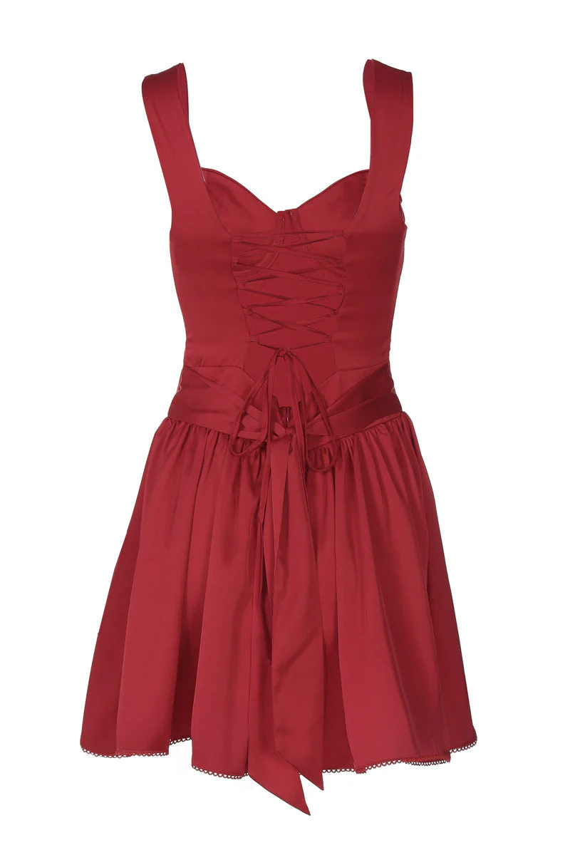 Straps Red Lace-up Back Short Dress with Boning
