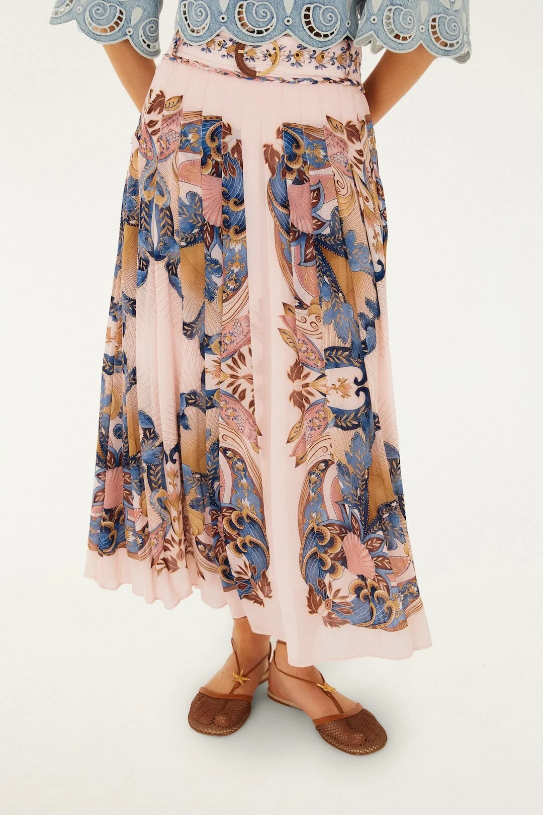 Soft Pink Sea Garden Scarf Pleated Maxi Skirt