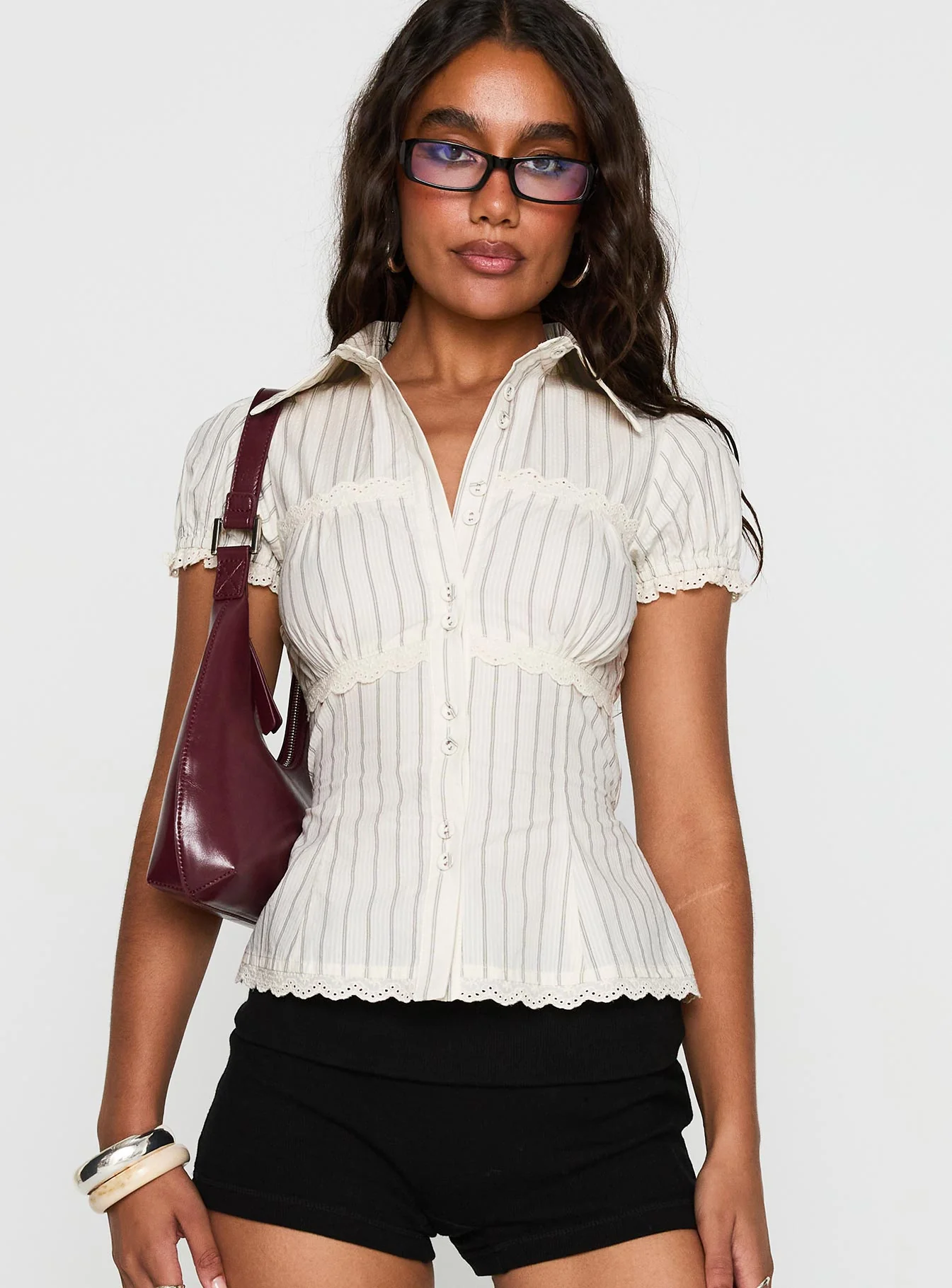 Deserve You Puff Sleeve Button Front Top Cream Stripe