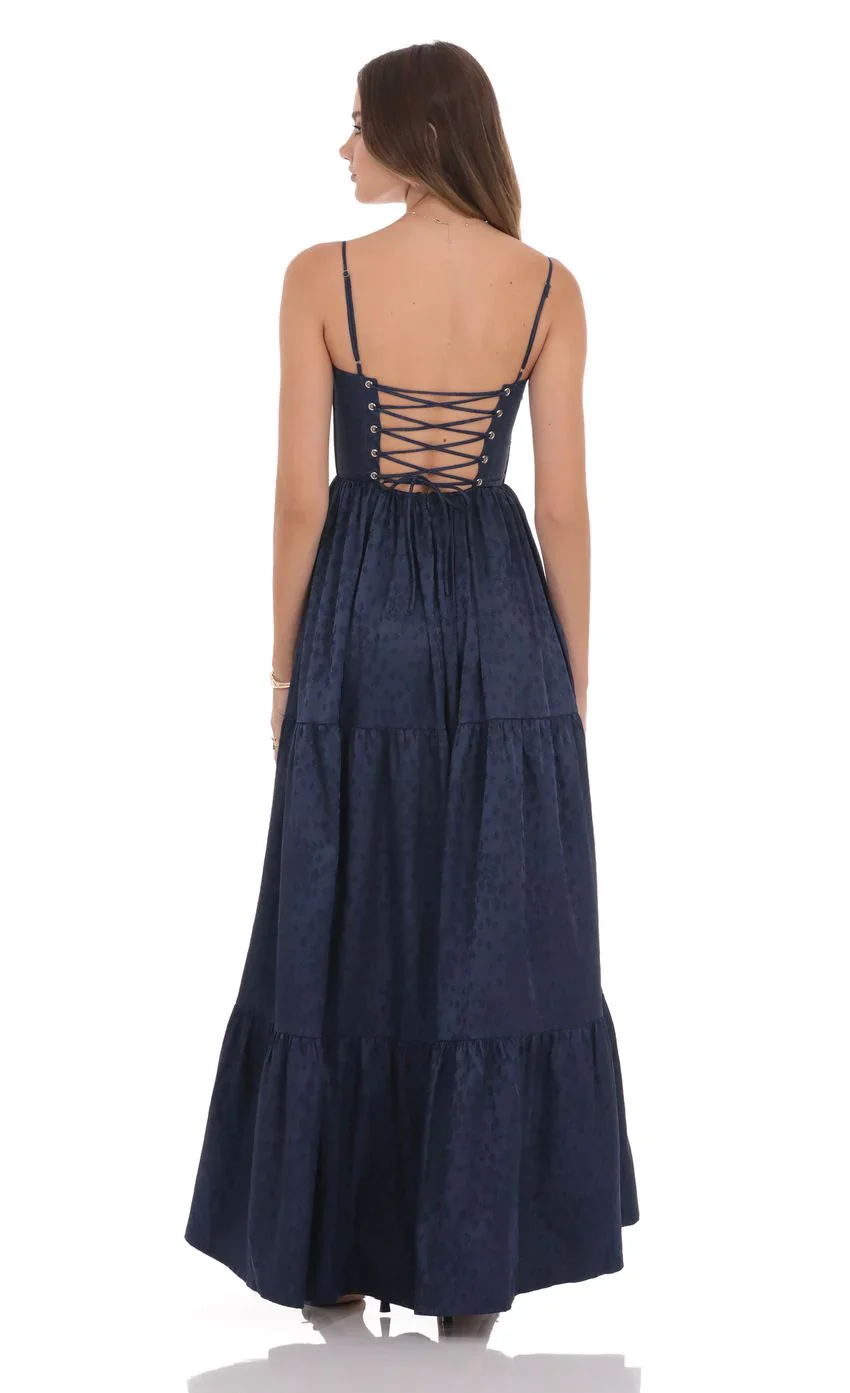 Floral Jacquard Maxi Dress in Navy