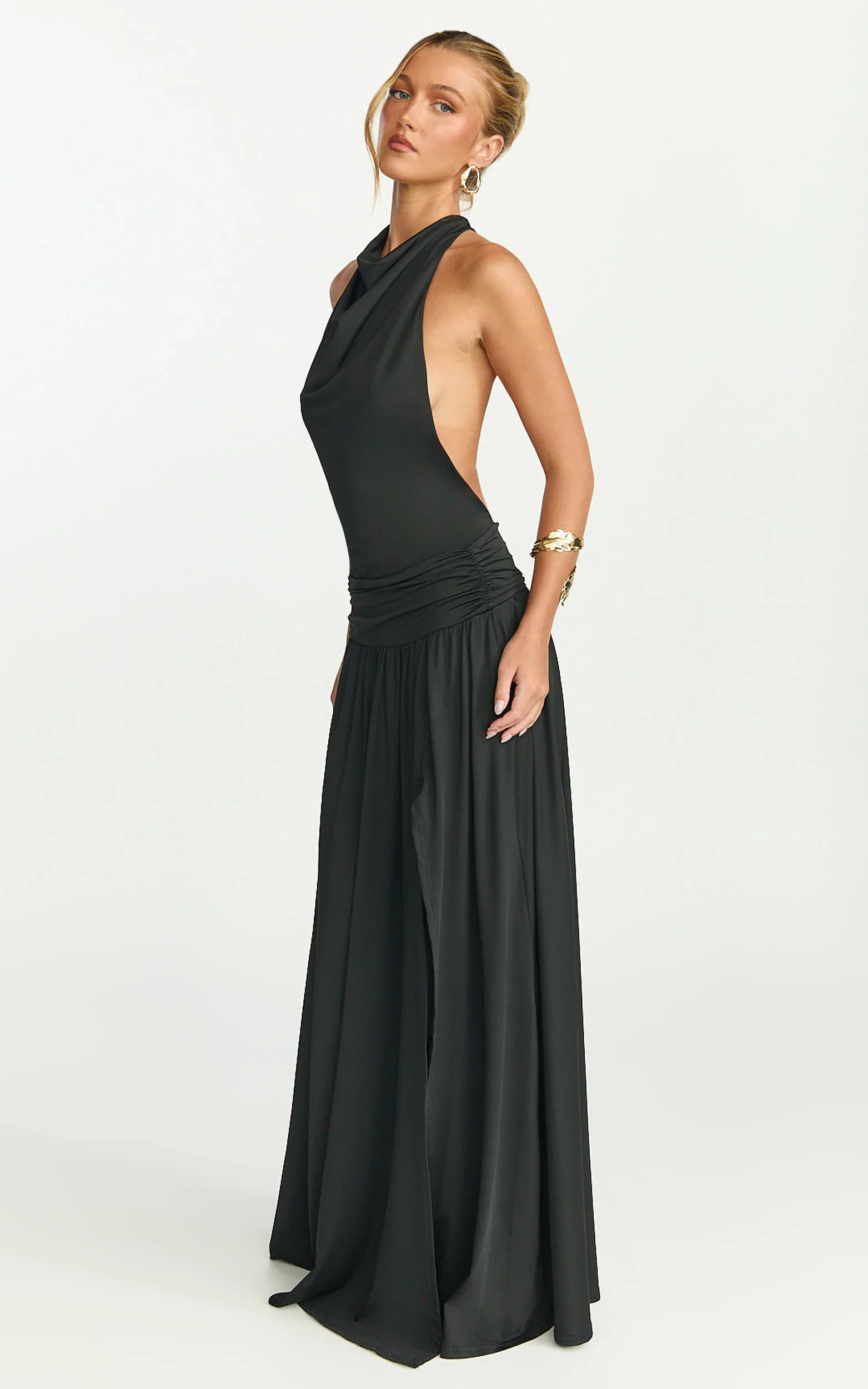 Sophia Maxi Dress - Backless High Cowl Neck Jersey Dress in Black