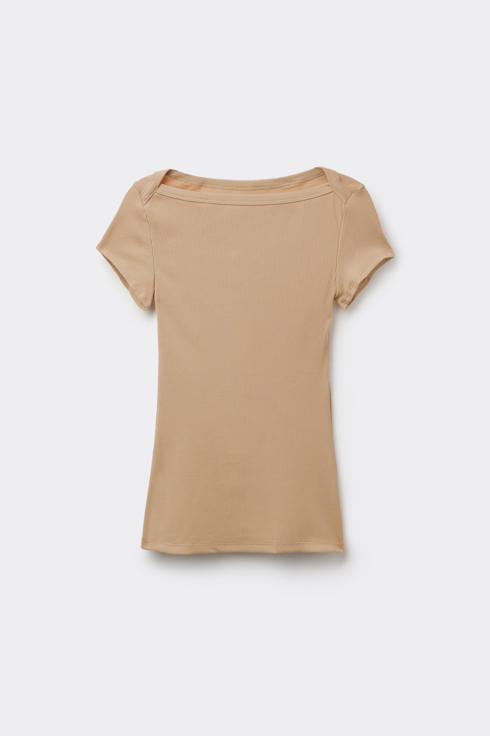 Ribbed Cotton Boat Neck T-Shirt