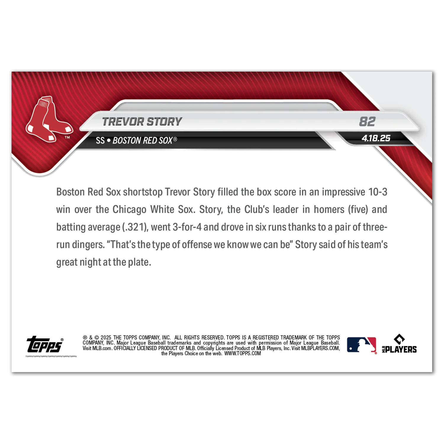 Trevor Story - 2025 MLB Topps NOW® - Card 82