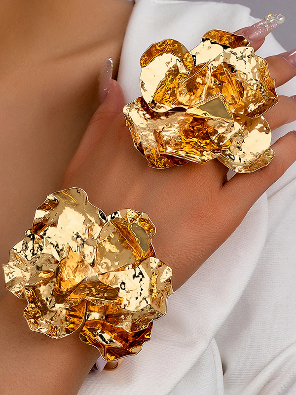 Flower Shape Geometric Shiny Bracelet + Rings Accessories