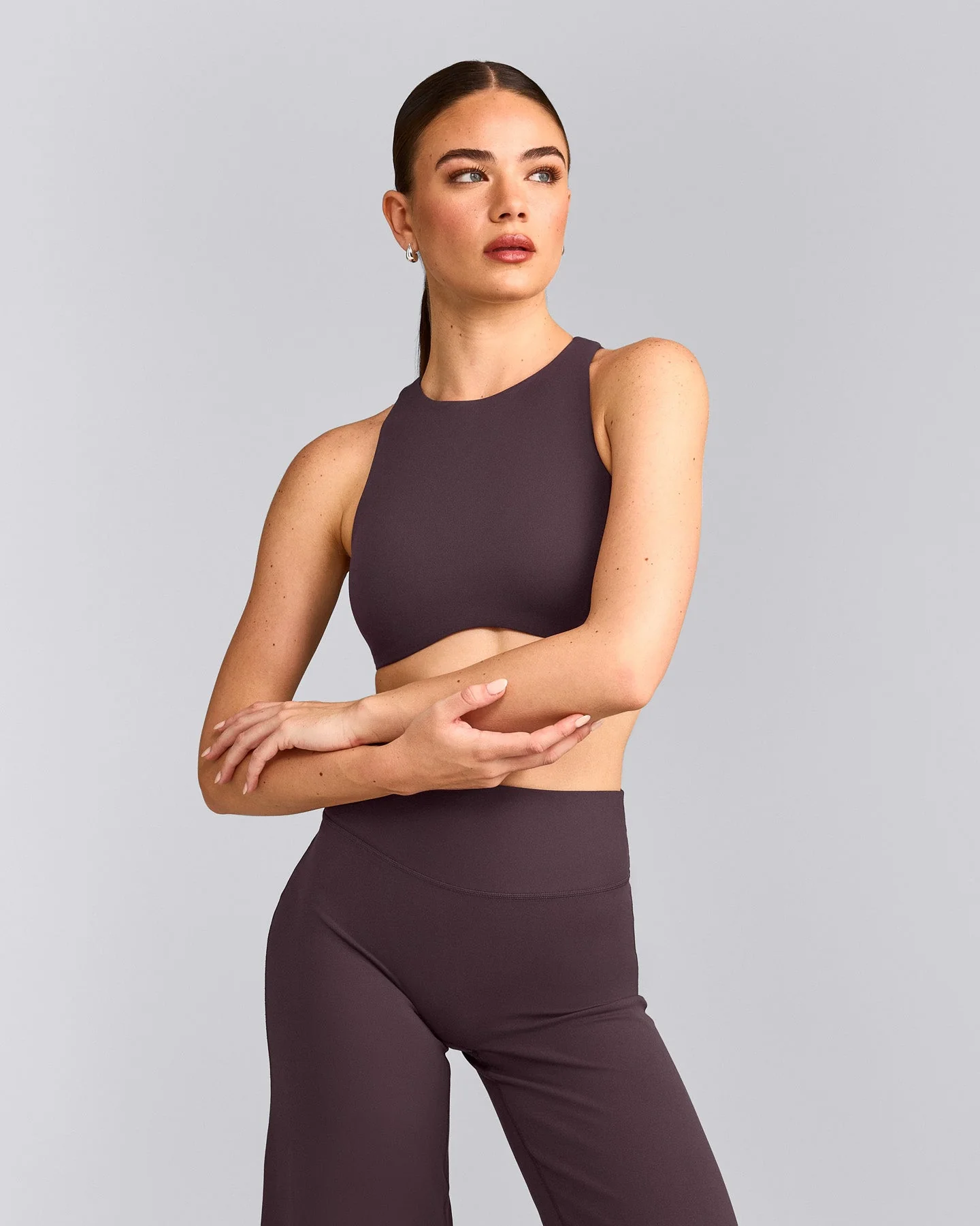 SoftMotion™ High Neck Sports Bra with Grey Logo | Dark Umber Brown