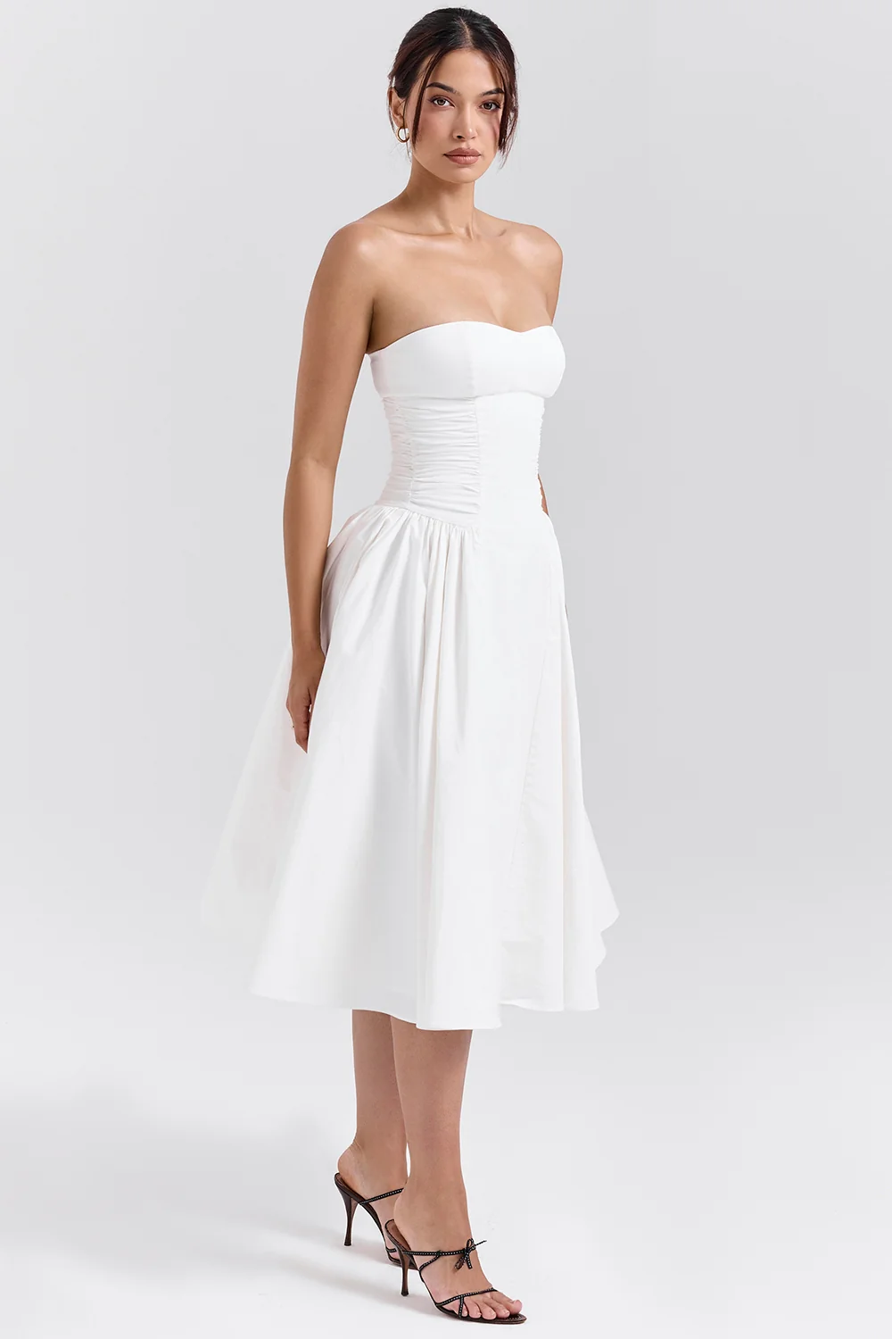 white cotton strapless midi sundress