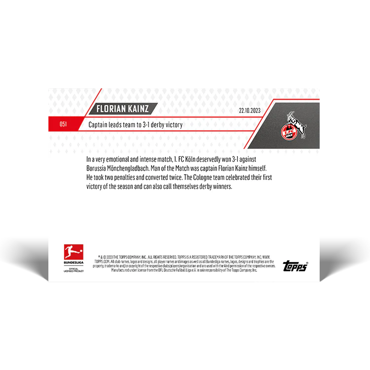 Topps UK - Florian Kainz - Captain leads team to 3-1 derby victory- Bundesliga TOPPS NOW® Card #51