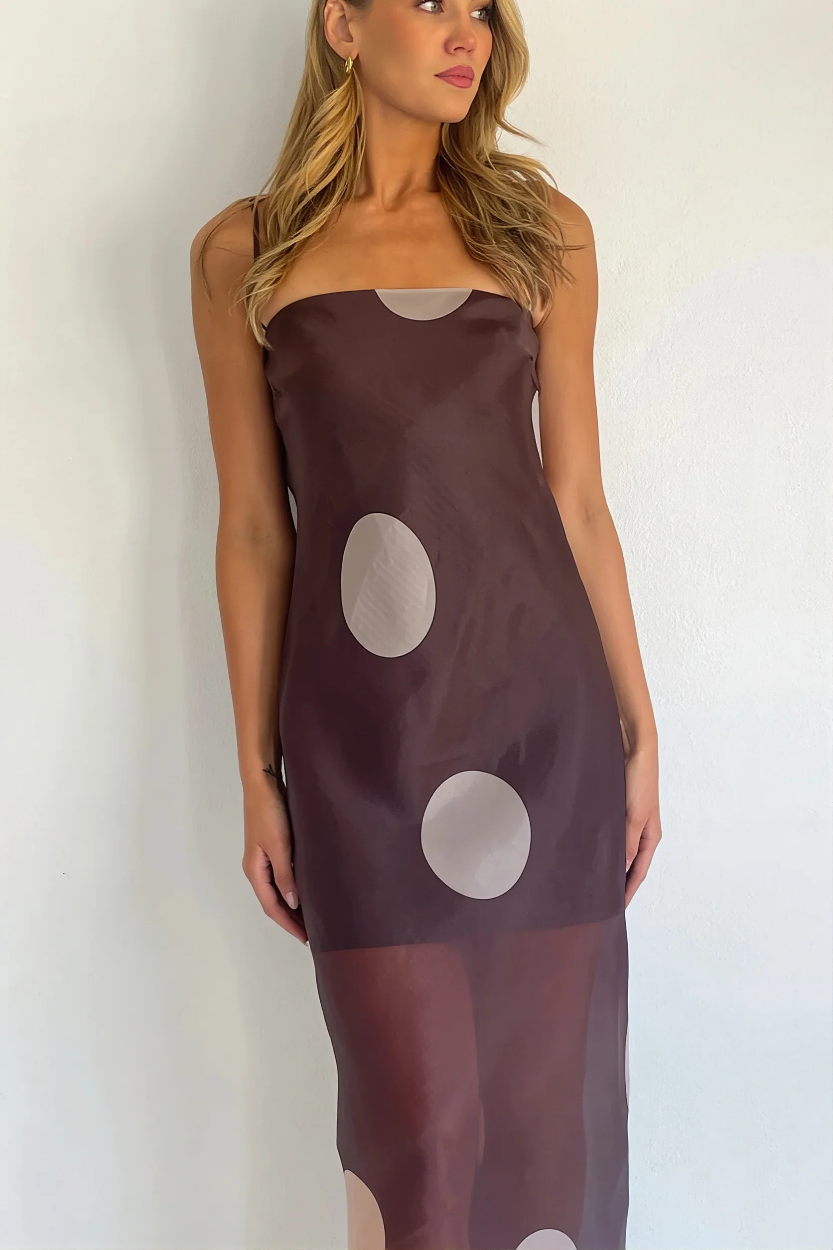 Elegant Polka Dot Strapless Sheer Slim Maxi Dress