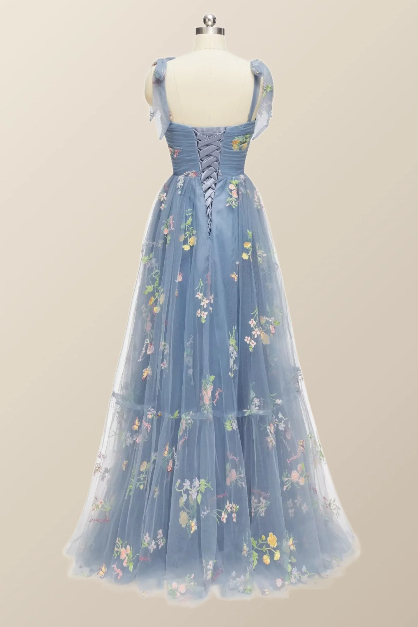 Tie Straps Blue Floral A-line Long Formal Dress