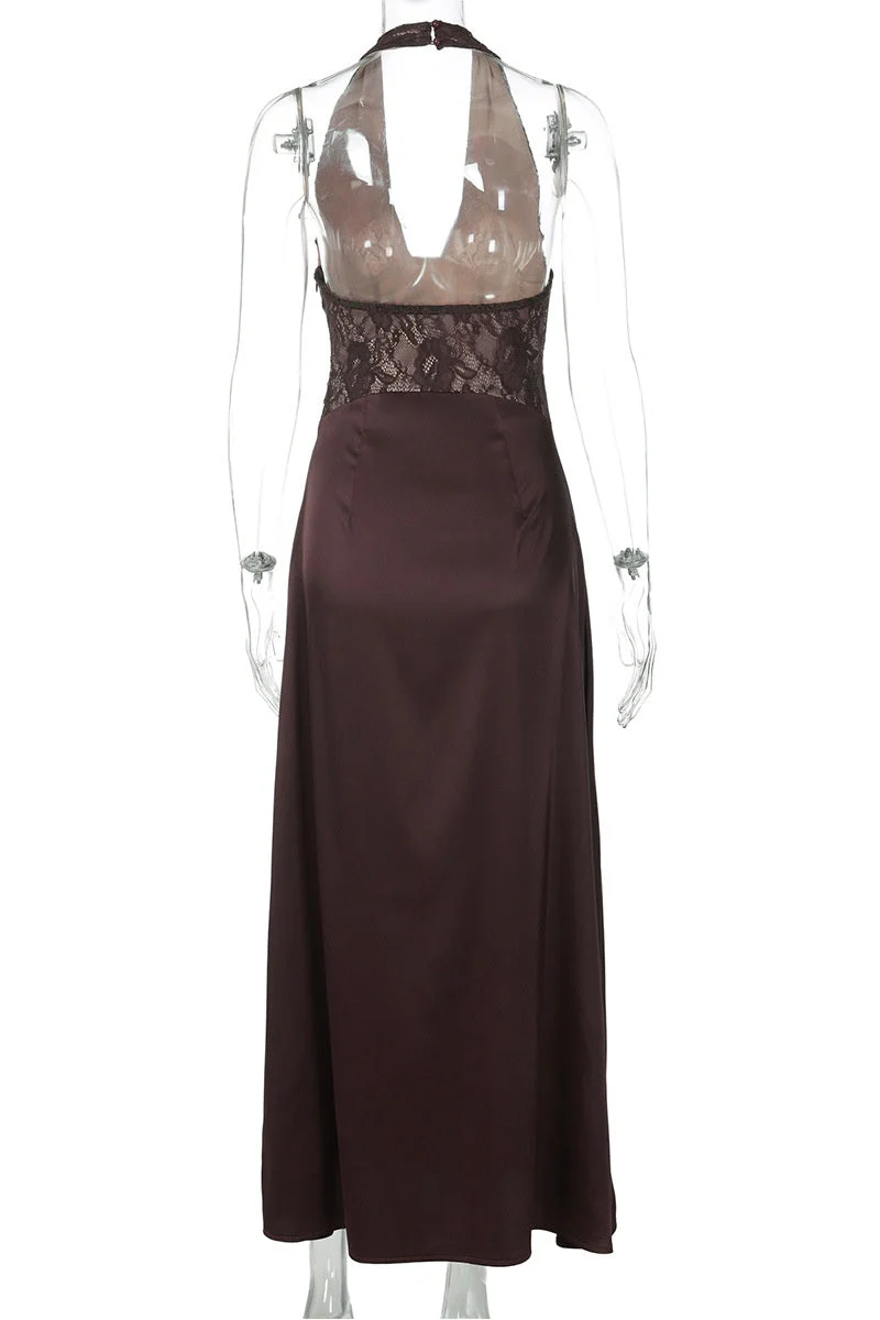 Halter Brown Lace Column Long Dress
