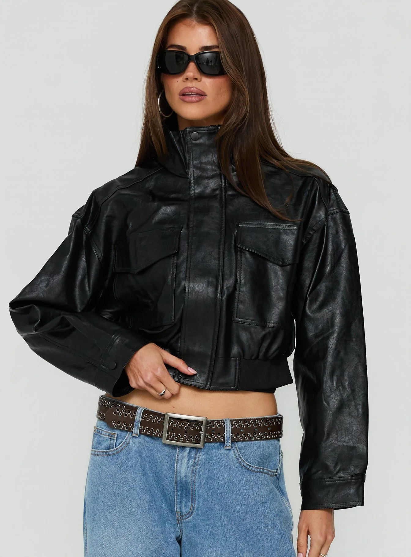 Ace Player Funnel Neck Faux Leather Jacket Black