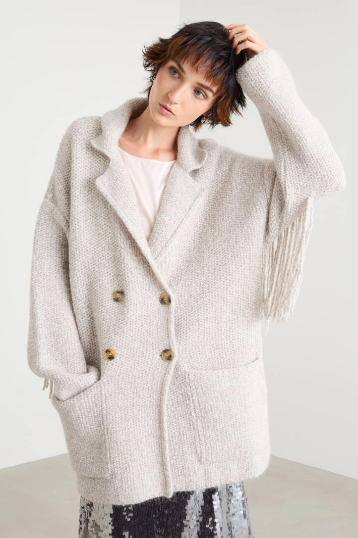 Fringed knitted pea coat - IVORY