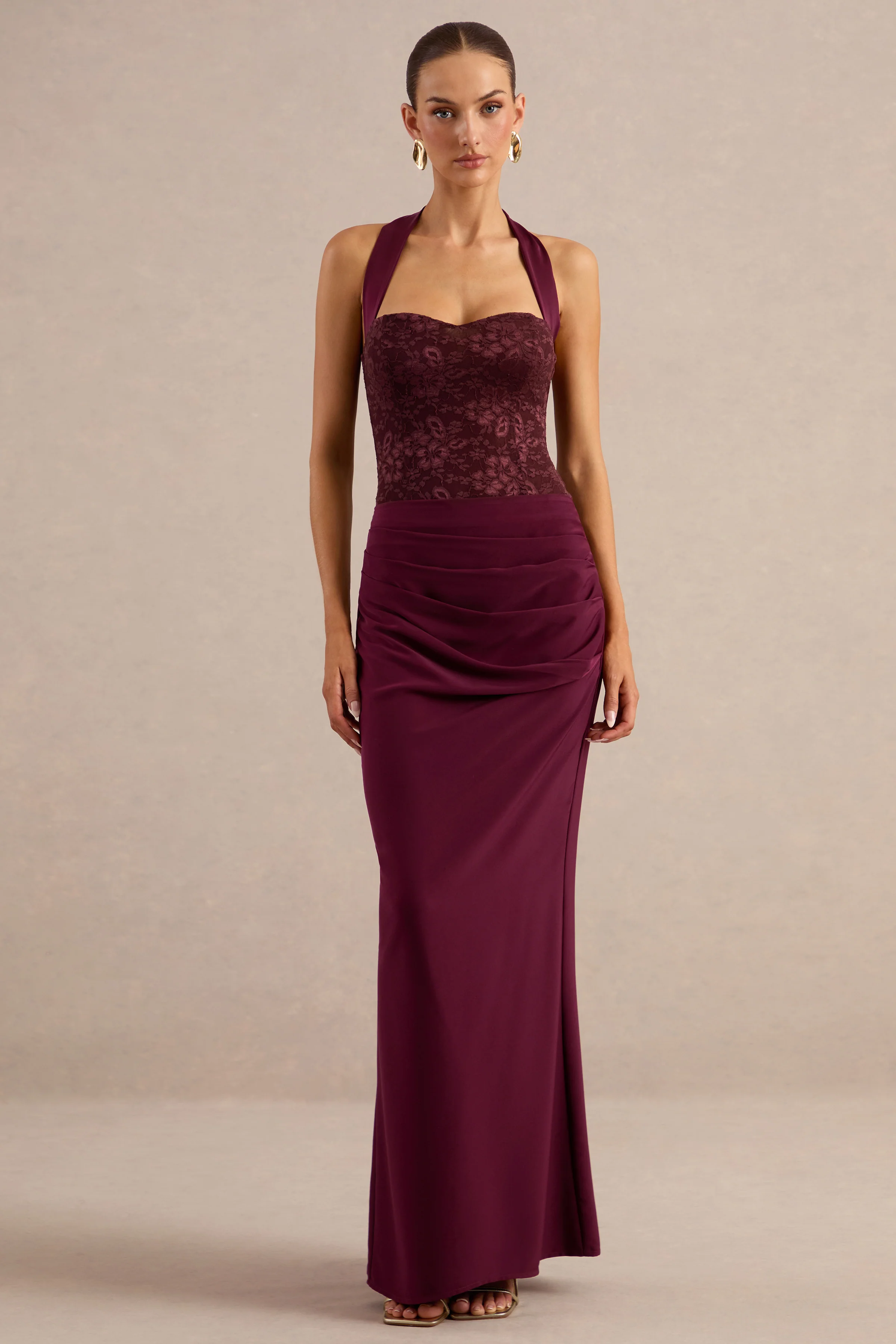 Sylisse | Burgundy Satin Mid Rise Maxi Skirt With Draped Detailing And Back Split