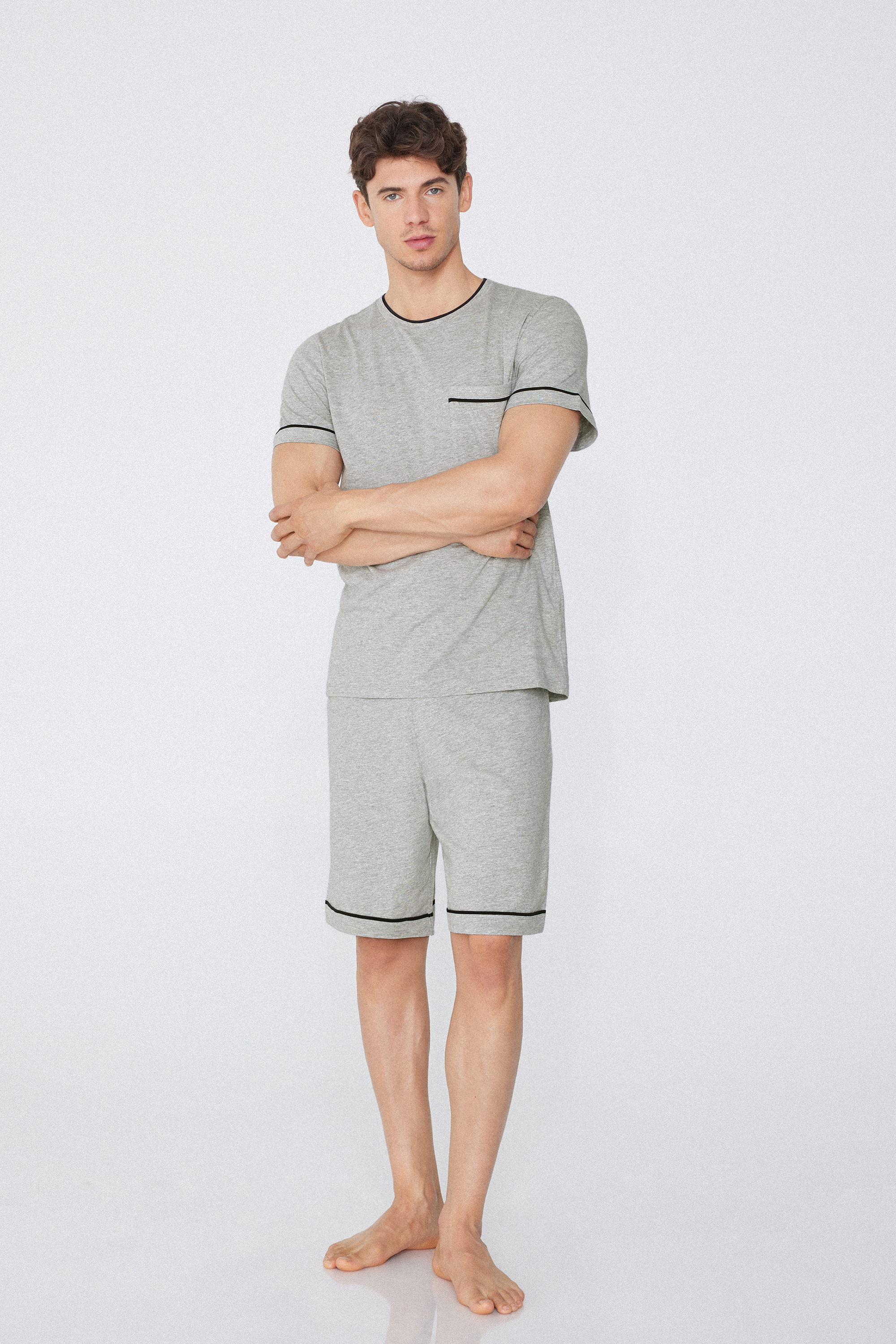 Piped Basic Short Cotton Pyjamas with Pocket