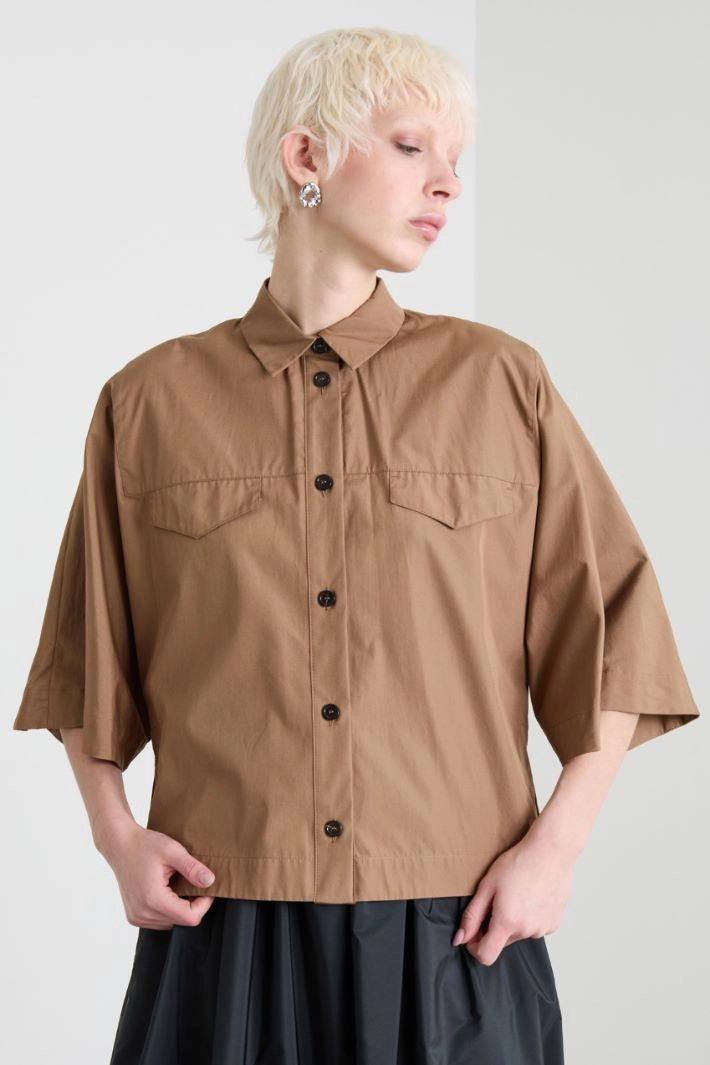 Asymmetric poplin shirt - TOBACO