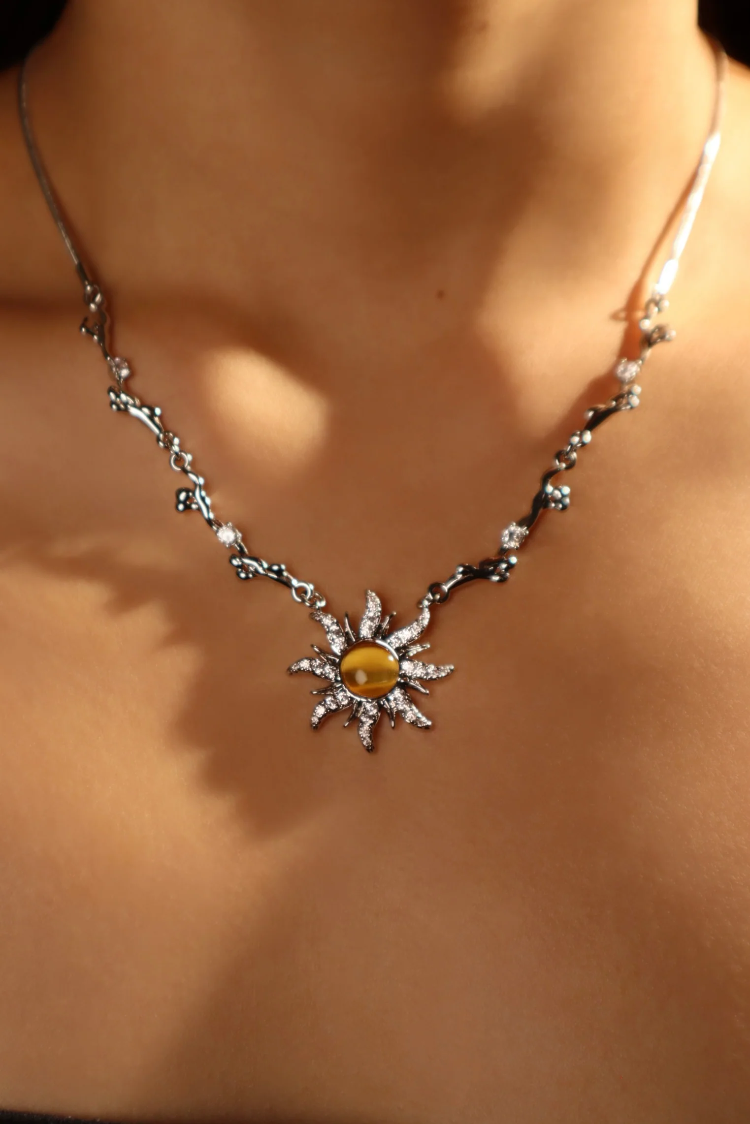 Palladium White Gold Plated Orange Opal Sun Necklace